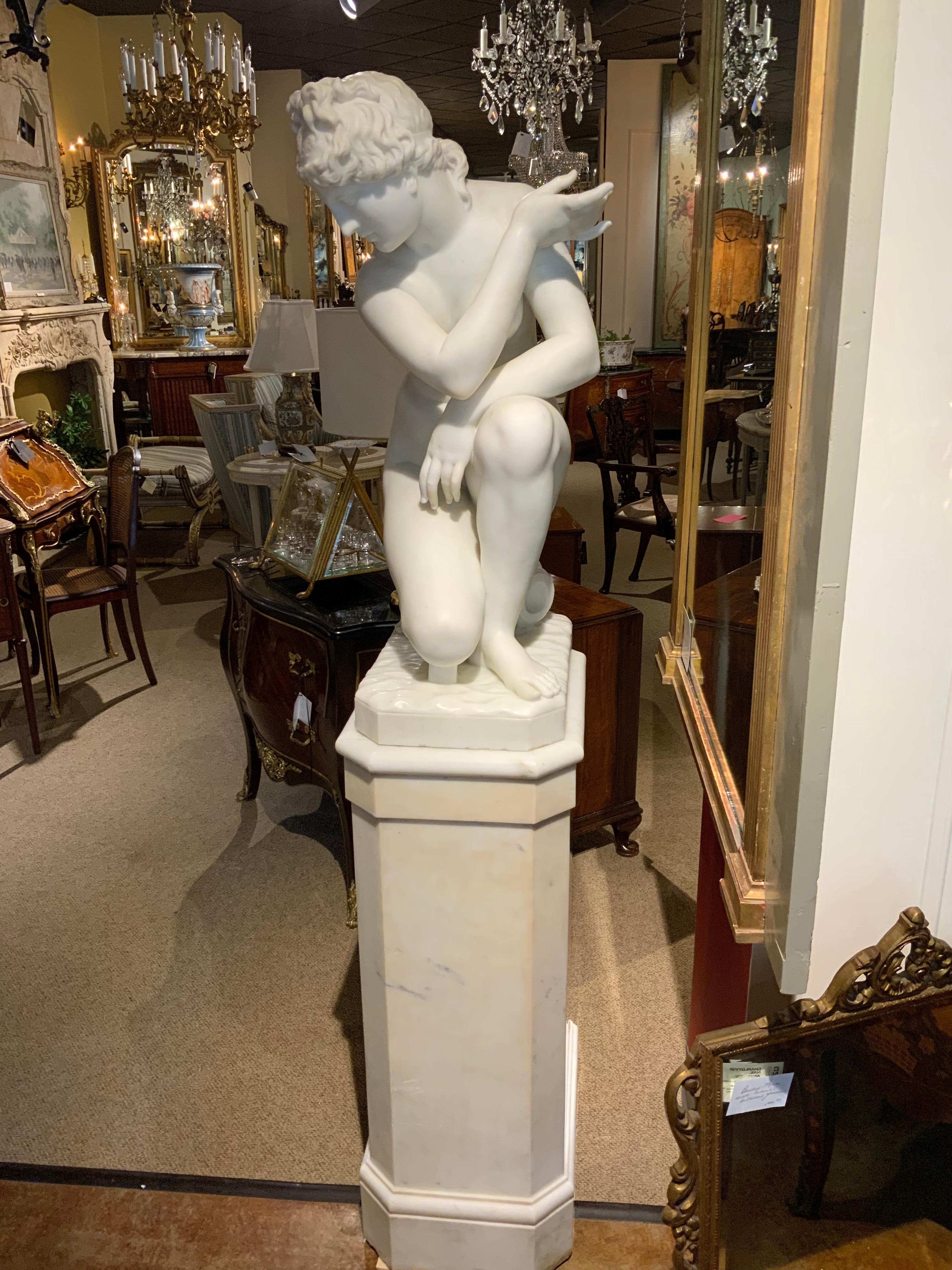 Italian Crouching Venus Antique Carved Marble Sculpture Signed P. Bazzanti, Florence