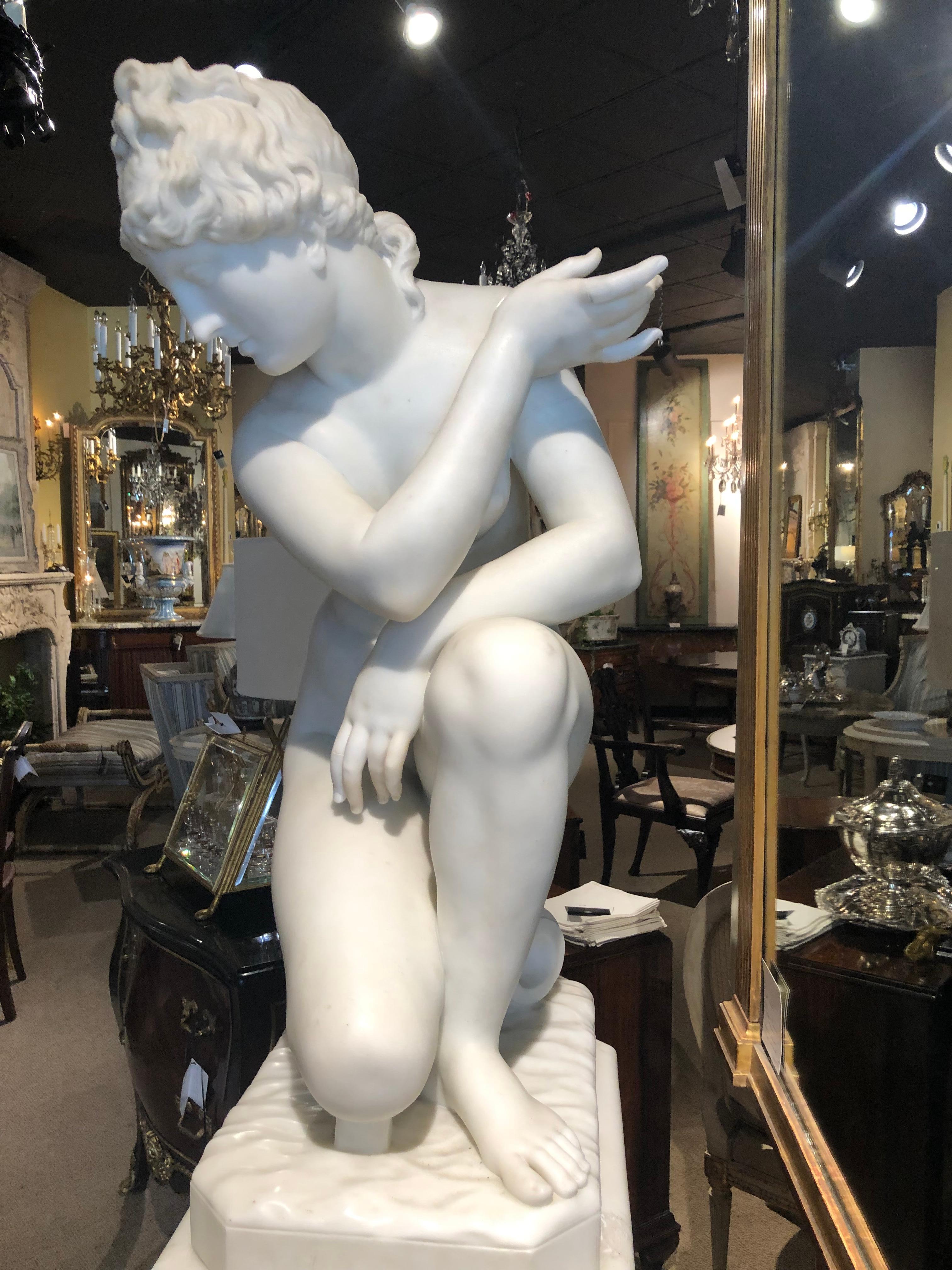 Carrara Marble Crouching Venus Antique Carved Marble Sculpture Signed P. Bazzanti, Florence