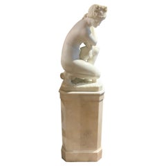 Crouching Venus Antique Carved Marble Sculpture Signed P. Bazzanti, Florence