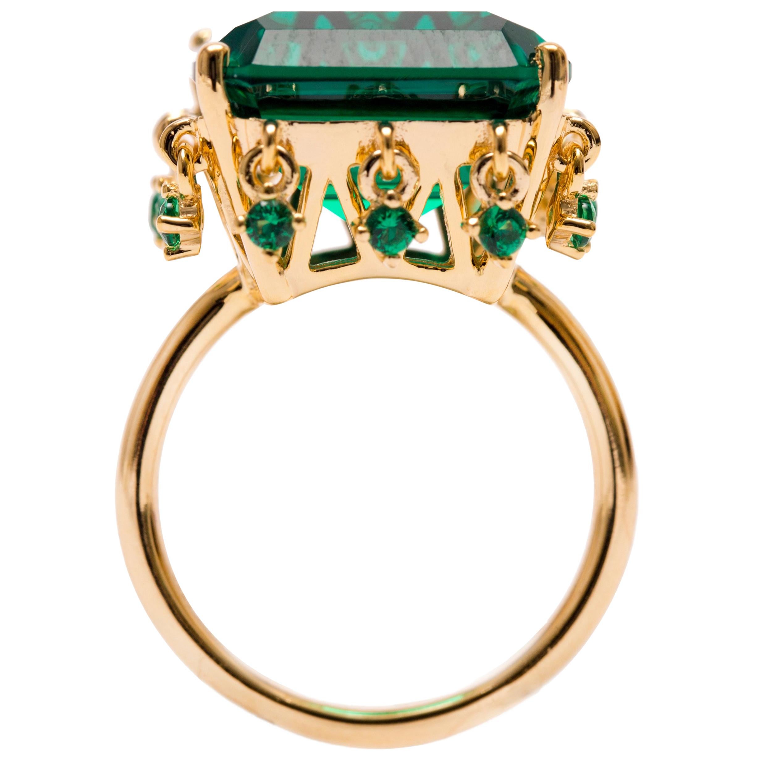 The Crown Emerald Green Vermeil Gold Cocktail Ring with Charms