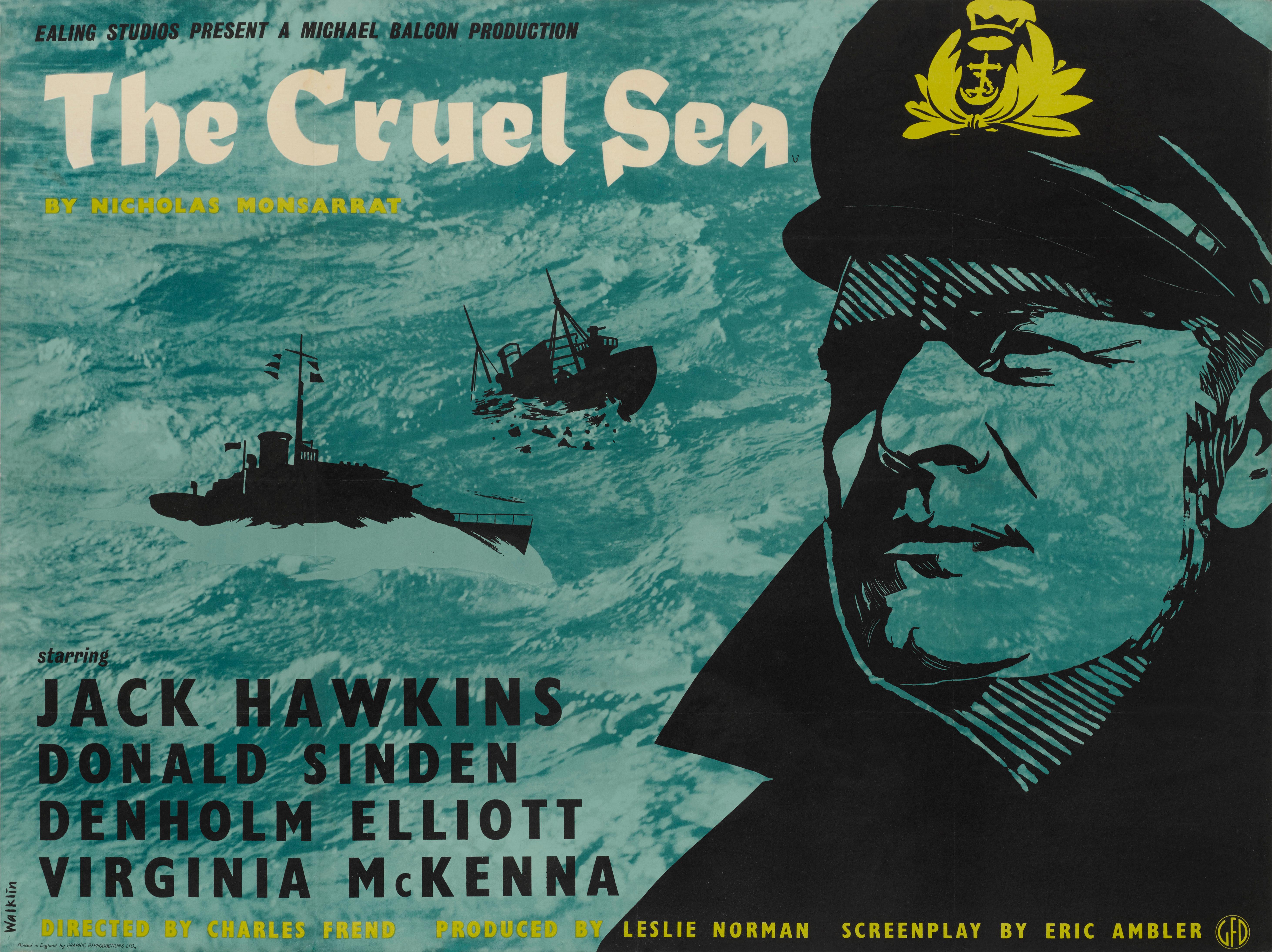 Original 1953 British film poster for The Cruel Sea.
This film was directed by Charles Frend and starred Jack Hawkins, Donald Sinden, this war film was set At the start of World War II. This poster is conservation linen backed and would be shipped