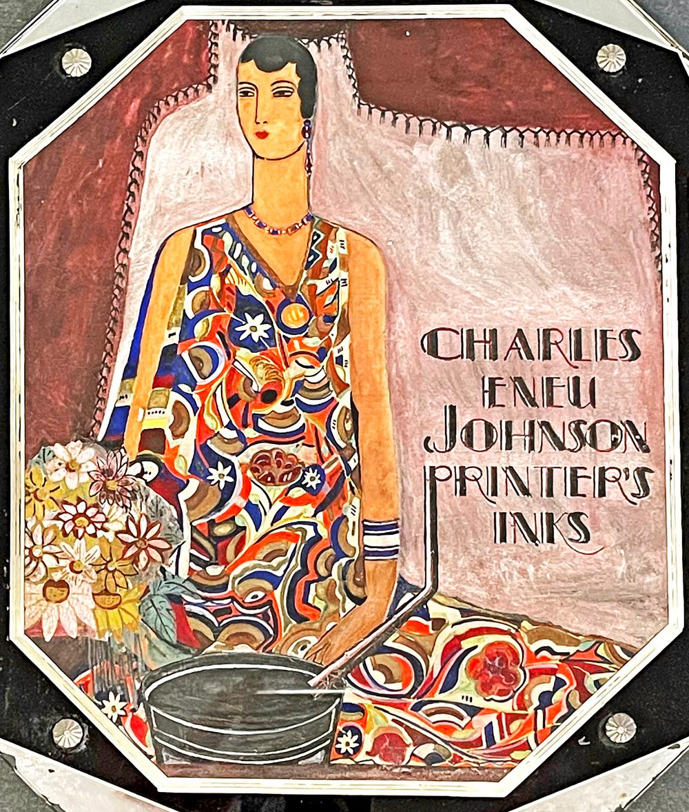 A classic and striking example of Art Deco painting, this depiction of a slender, sophisticated female figure -- all the fashion in short hair and boldly-hued Cubist-inspired dress -- was painted to promote the printers inks made by the Charles Eleu