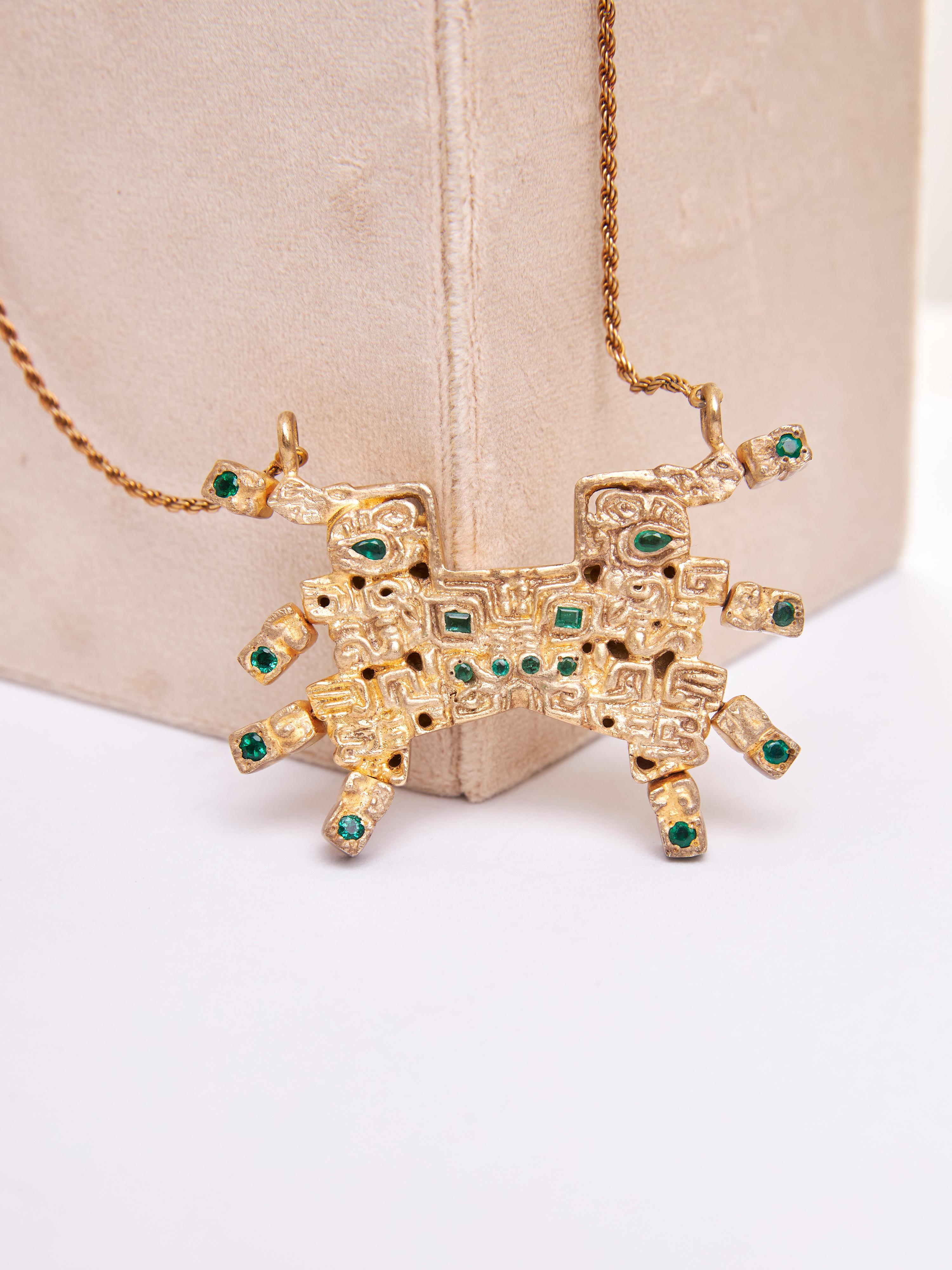 Pear Cut The Cupisnique Panther Amulet in Silver, 24K Gold Plating & Emerald For Sale