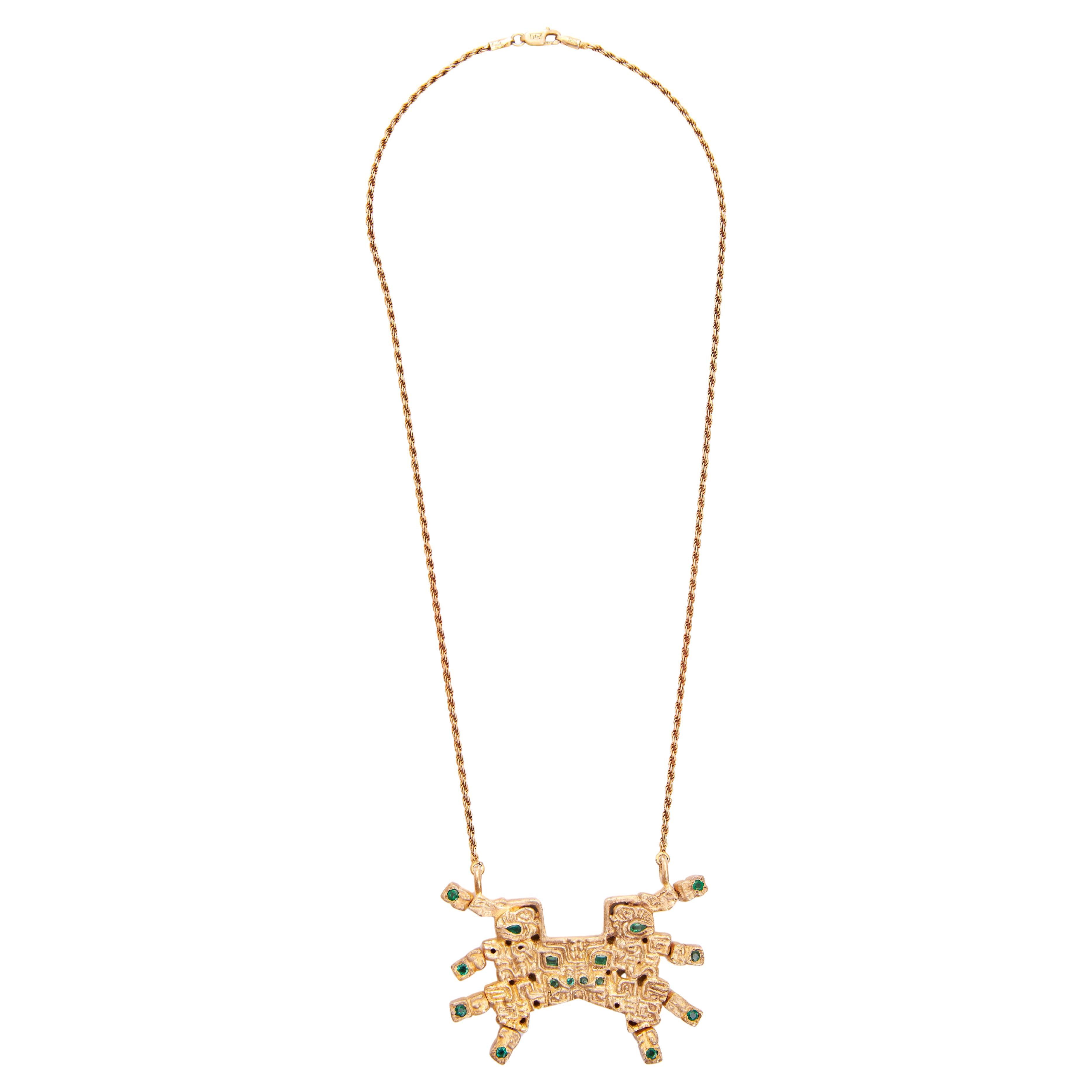The Cupisnique Panther Amulet in Silver, 24K Gold Plating & Emerald For Sale
