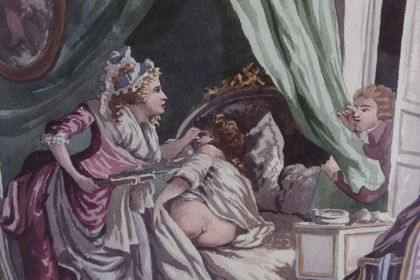 The enema of Louis XVI style amazing subject treated to the watercolor erotica or curiosa in the style of the 18th century illegible signature.