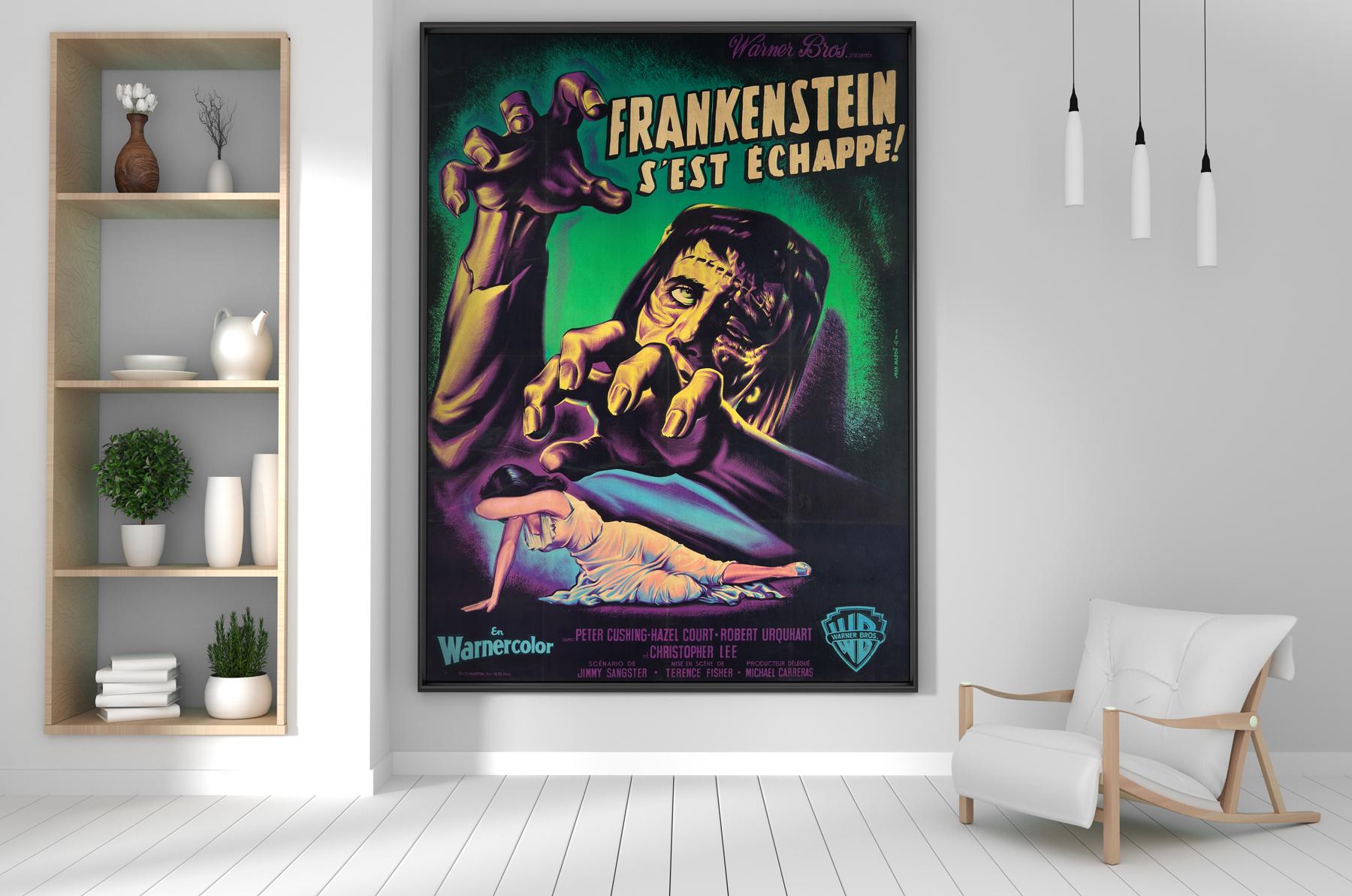 The Curse of Frankenstein (Frankenstein S'est Echappe), classic 1957 British horror by Hammer Film Productions, loosely based on the 1818 novel Frankenstein. This first-year-of-release French Grande film poster is a fantastic poster and features a
