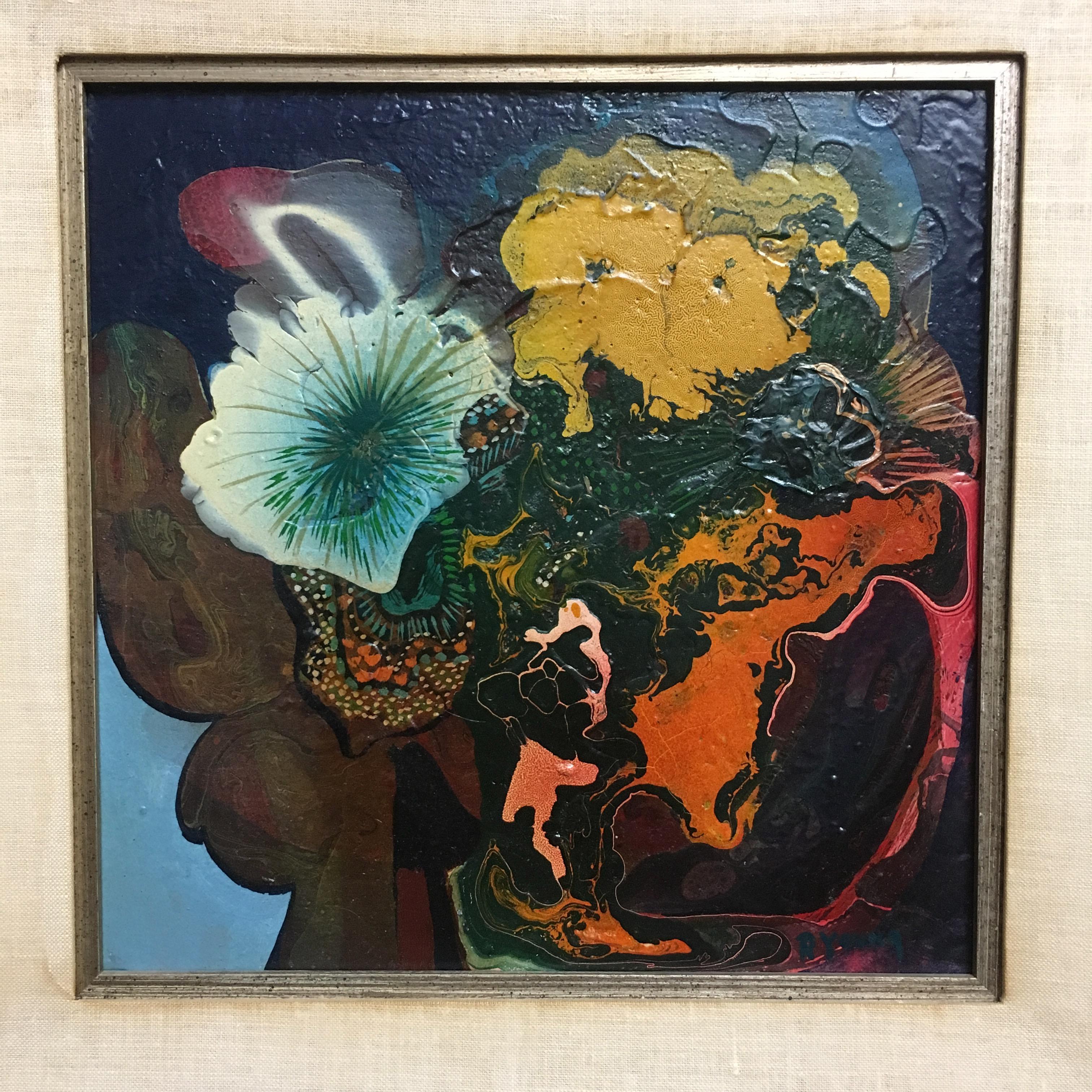 Enamel on board painting of a Dahlia flower, circa 1965 
some staining on the surrounding matte.