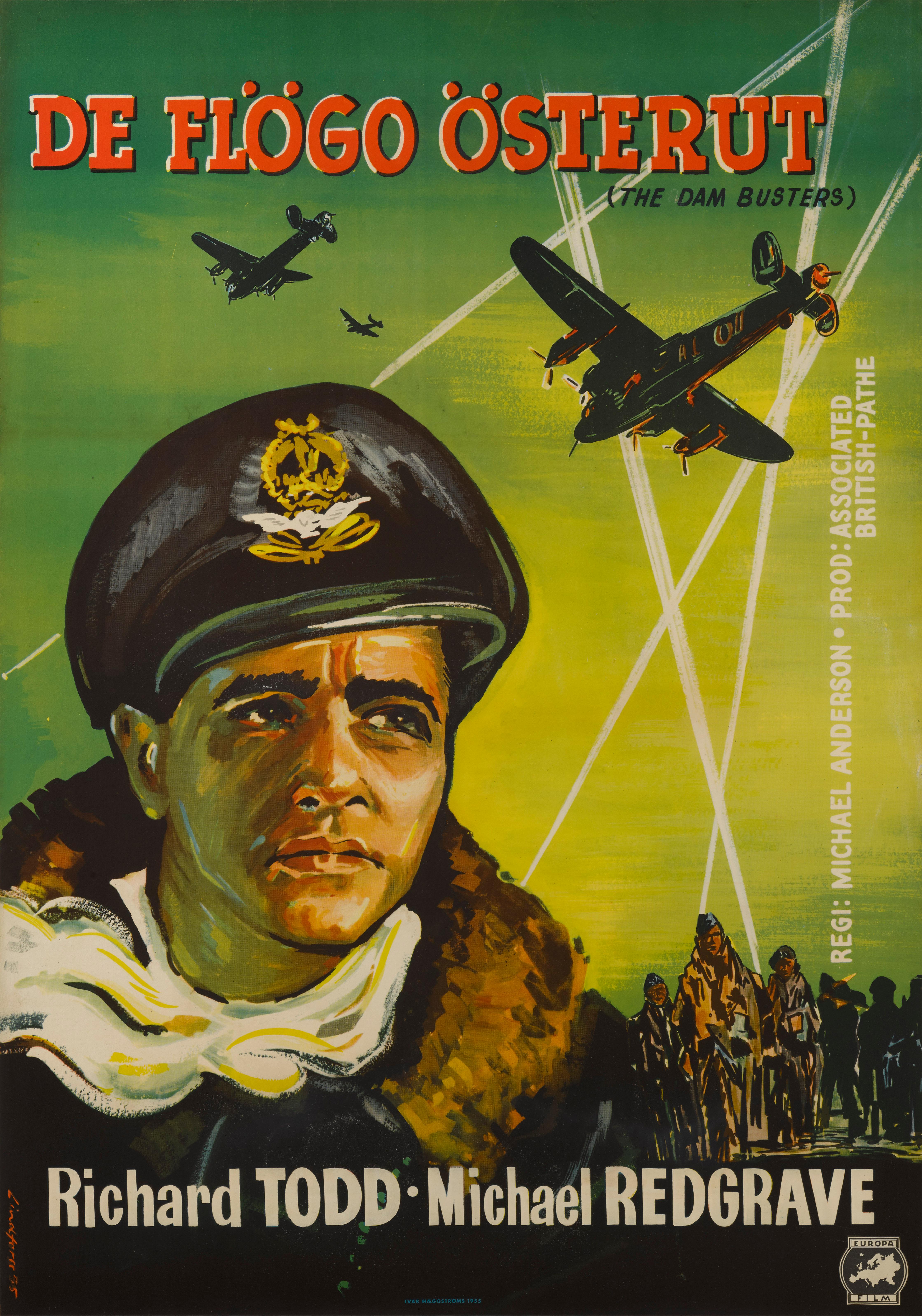 Original Swedish film poster for The Dam Busters 1955. This British epic war film was directed by Michael Anderson, and stars Richard Todd and Michael Redgrave. It was based on two books, The Dam Busters by Paul Brickhill in 1951 and Enemy Coast