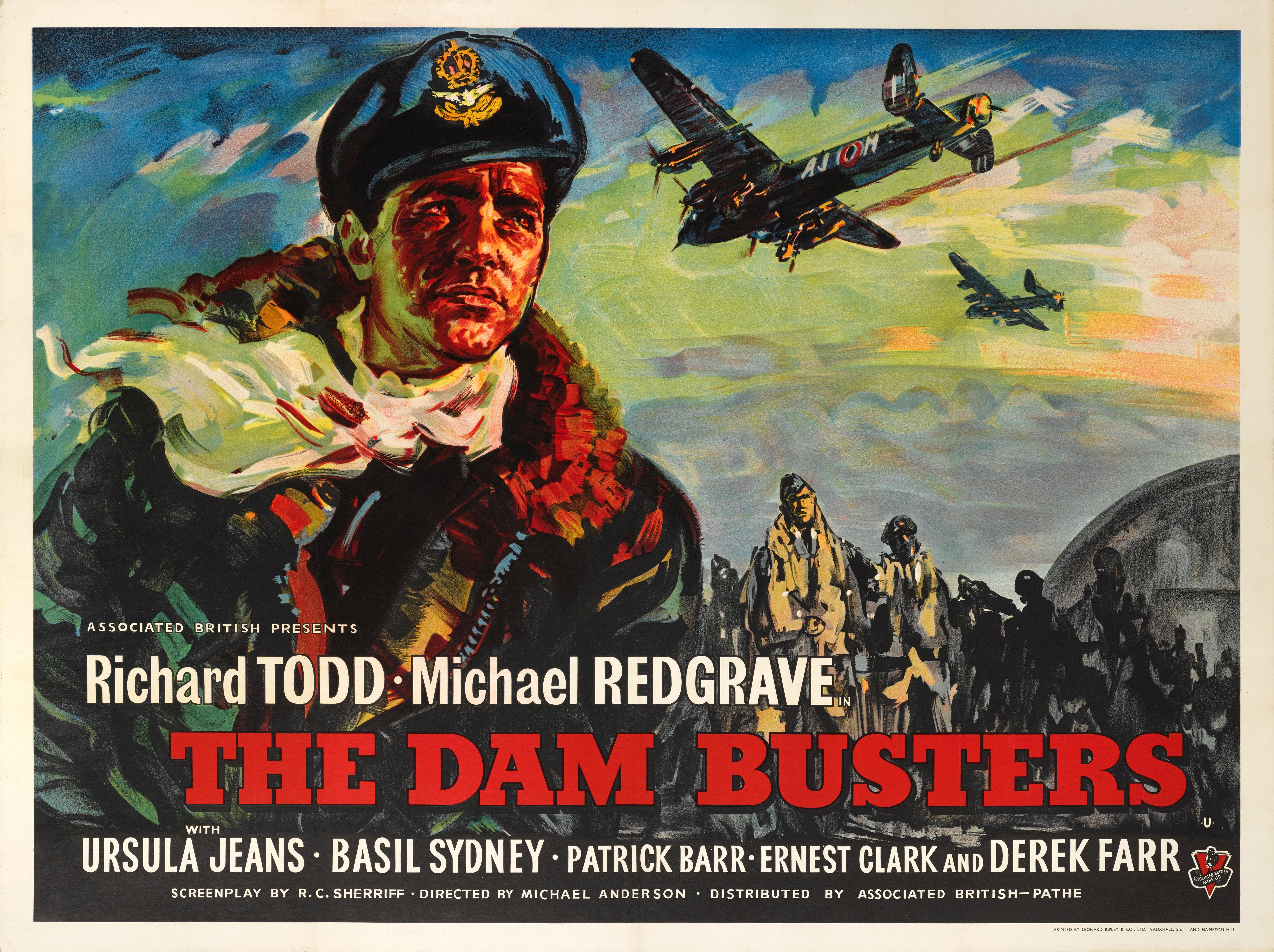 Original British film poster for The Dam Busters 1955. This British epic war film was directed by Michael Anderson, and stars Richard Todd and Michael Redgrave. It was based on two books, The Dam Busters by Paul Brickhill in 1951 and Enemy Coast