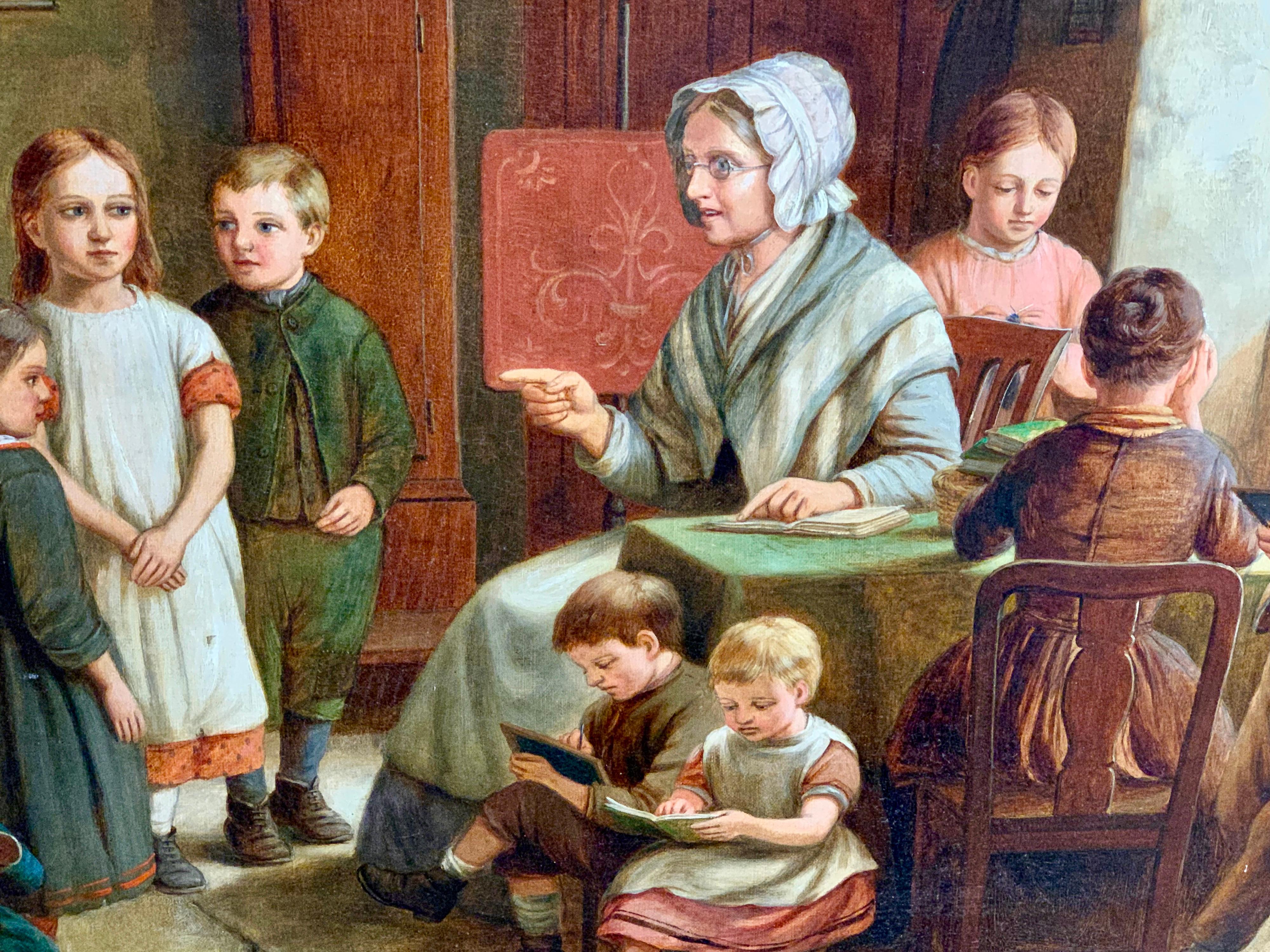 A wonderful 19th century English painting depicting an English dame school in the 19th century.

William Bromley (1818-1888), was the grandson of the famous engraver William Bromley and initially worked as an engraver himself but soon turned to