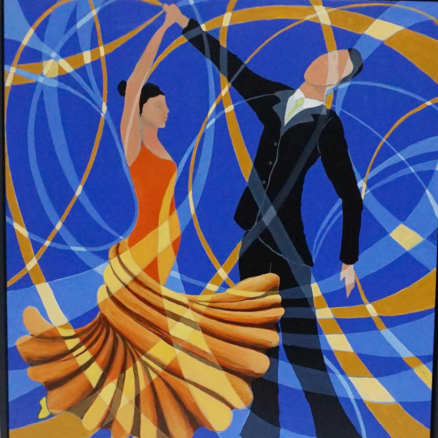 The Dance' An Art Deco Style Contemporary painting by Vera Jefferson depicting a couple dancing the Tango against an abstract background. Signed V Jefferson to lower right. 

Dimensions: H 103.5cm, W 83.5cm, D 5cm

 Vera Jefferson trained at
