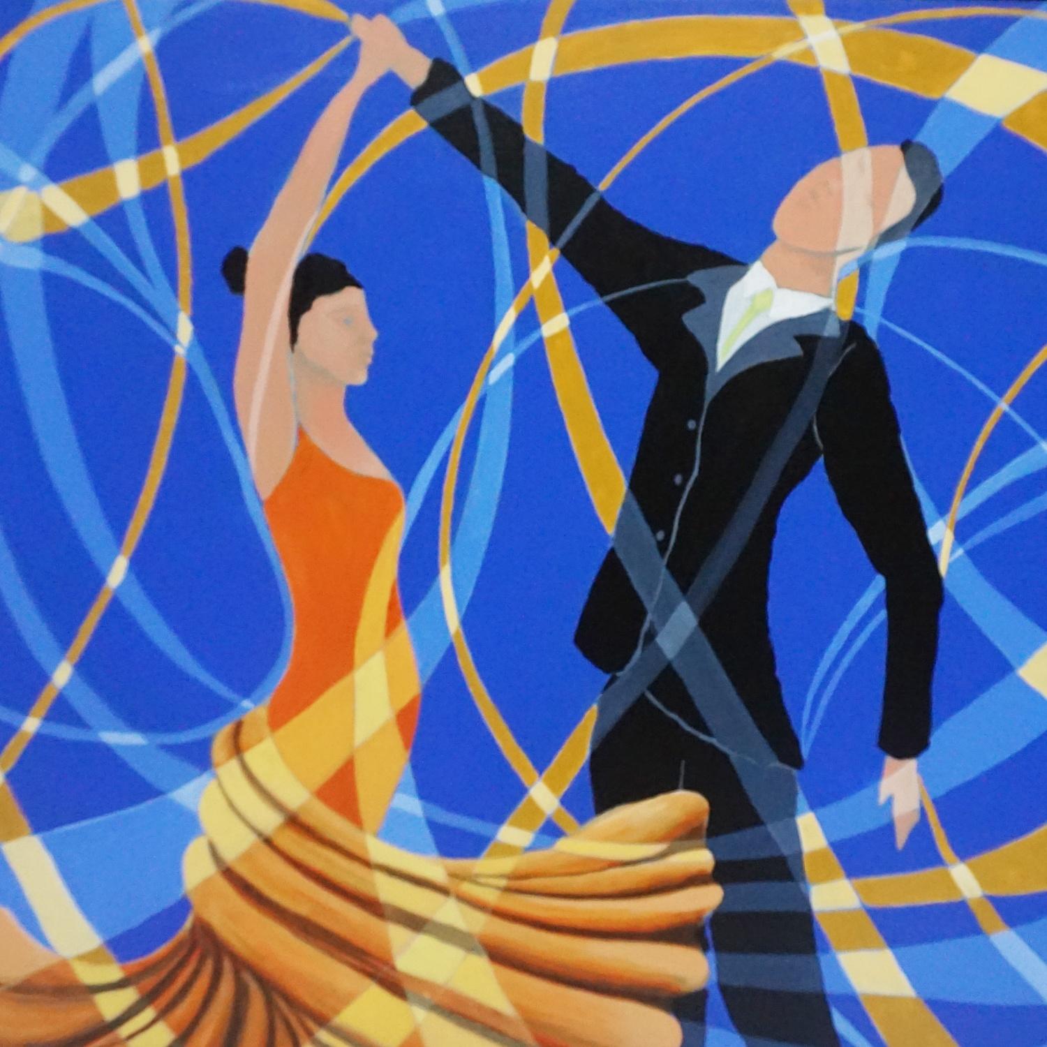 Art Deco 'the Dance' Contemporary Oil on Canvas Painting Depicting a Couple Dancing