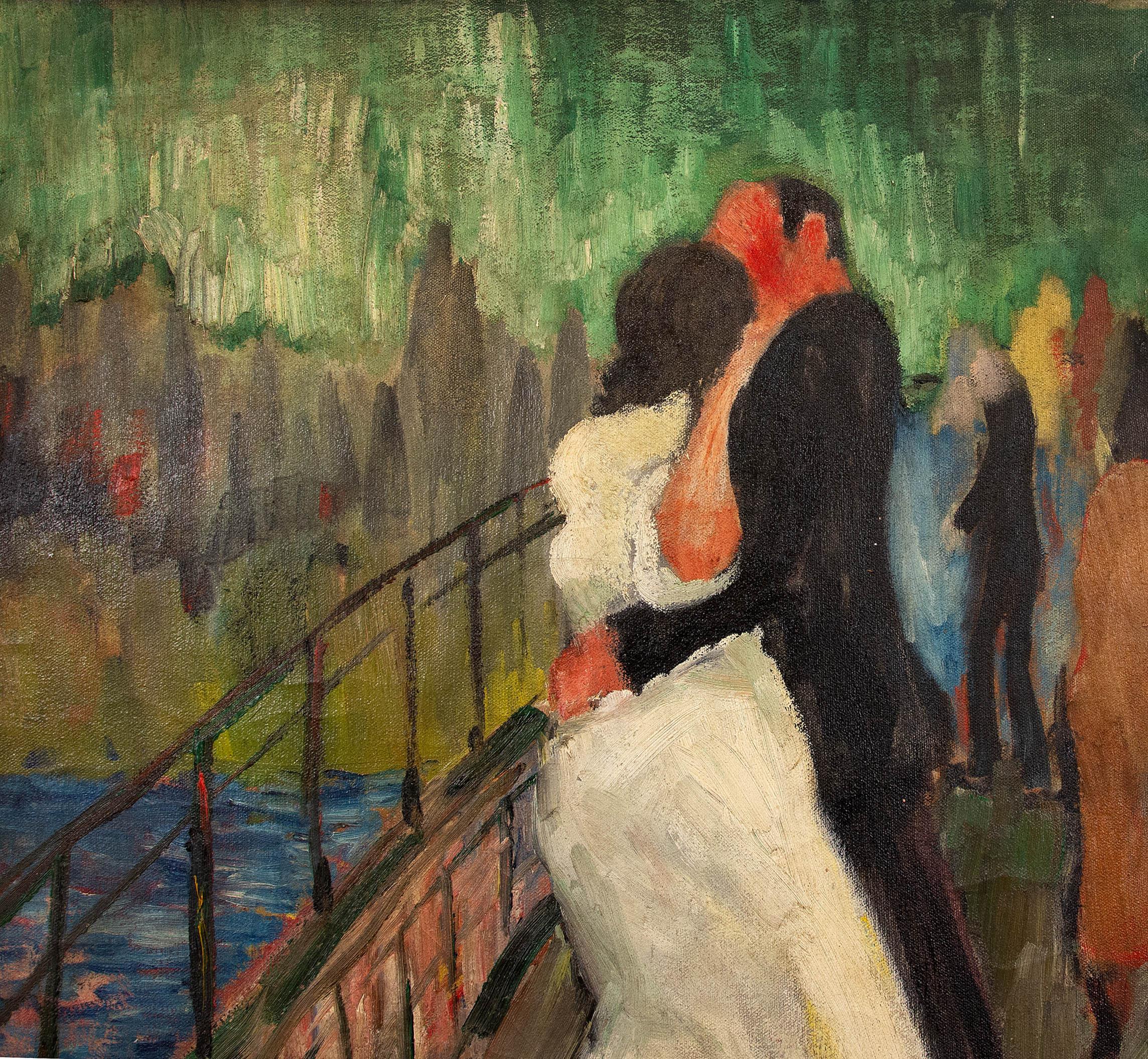 A romantic couple dancing out on the terrace with the metropolis in the distance. An early painting by Thomas Eldred. Oil on canvas, circa 1930s. Signed 