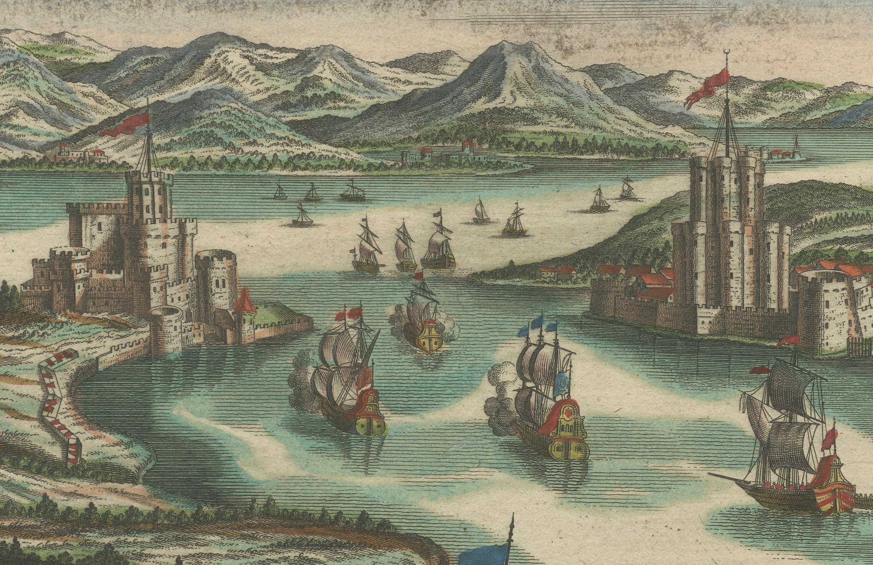 Milieu du XVIIIe siècle Les Dardanelles à l'âge de la voile : une gravure Panoramique, vers 1765 en vente