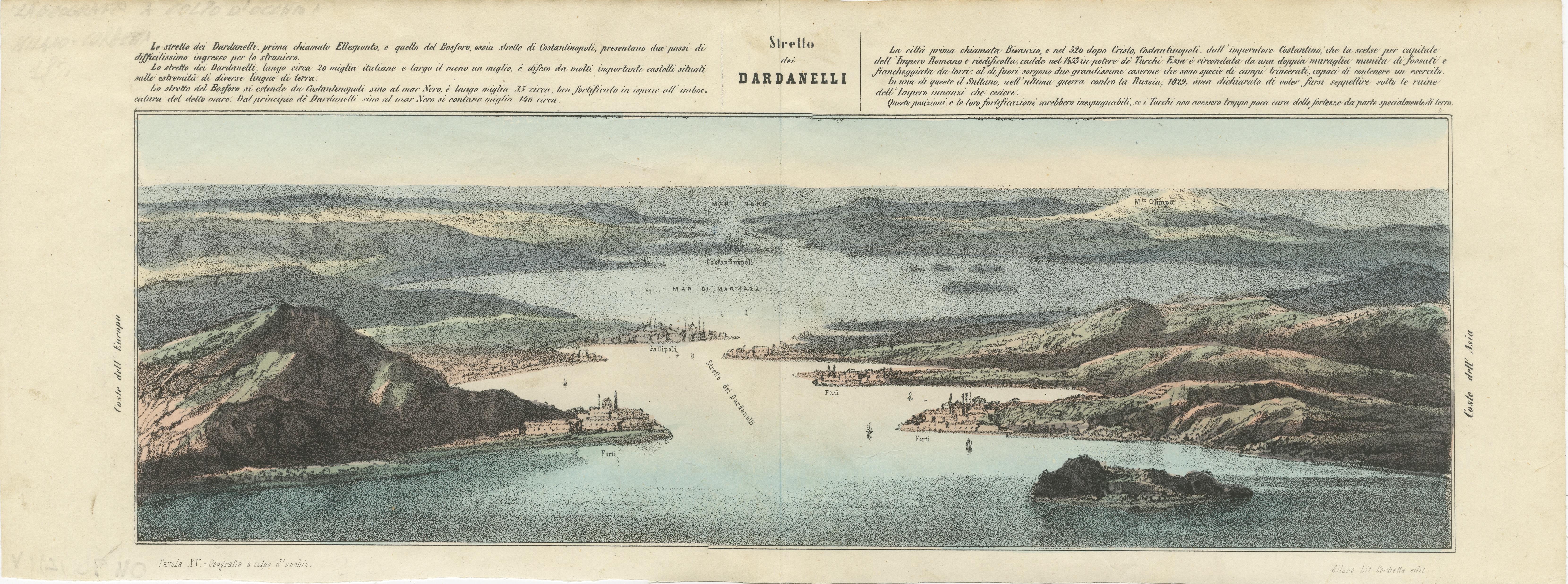 The text on this colored lithograph is Italian, and it relates to the geography of the Dardanelles  straits.


