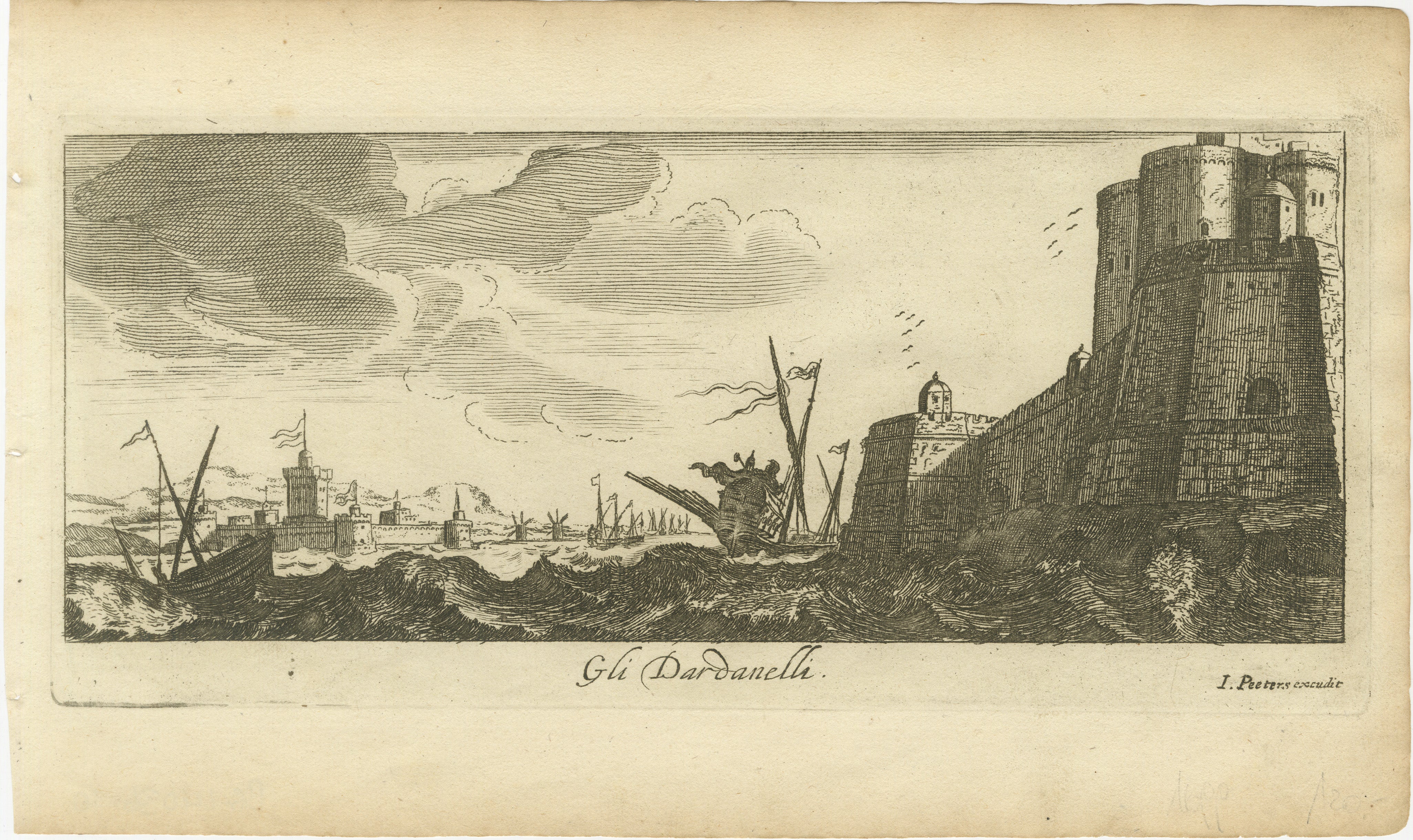 Título: Los Dardanelos con torres fortificadas y actividad marítima, ca. 1680  

Descripción: Este grabado en cobre retrata el estrecho de los Dardanelos con sus imponentes torres fortificadas dominando la costa. La detallada escena destaca un