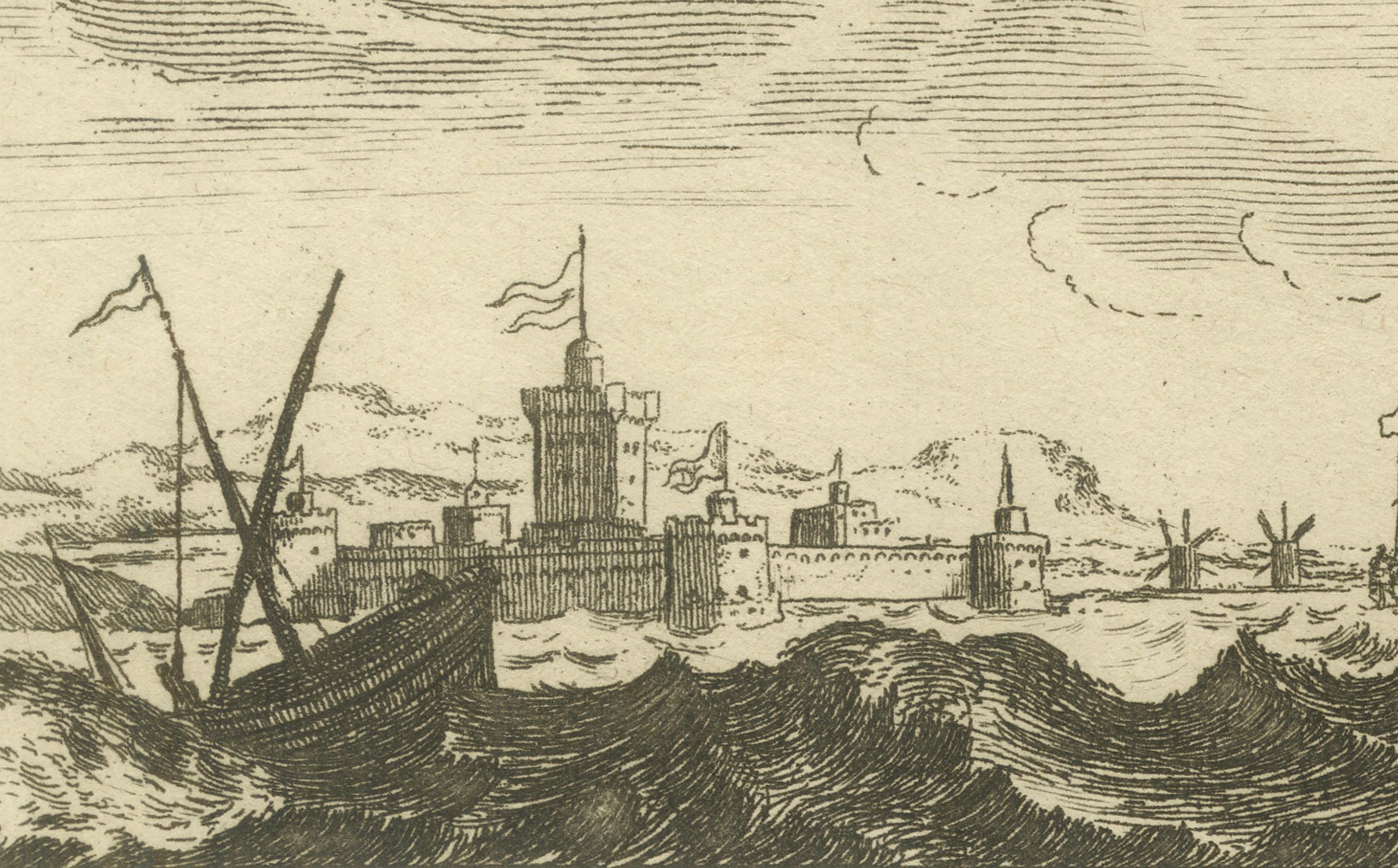Los Dardanelos con torres fortificadas y actividad marítima, hacia 1680 Grabado en venta