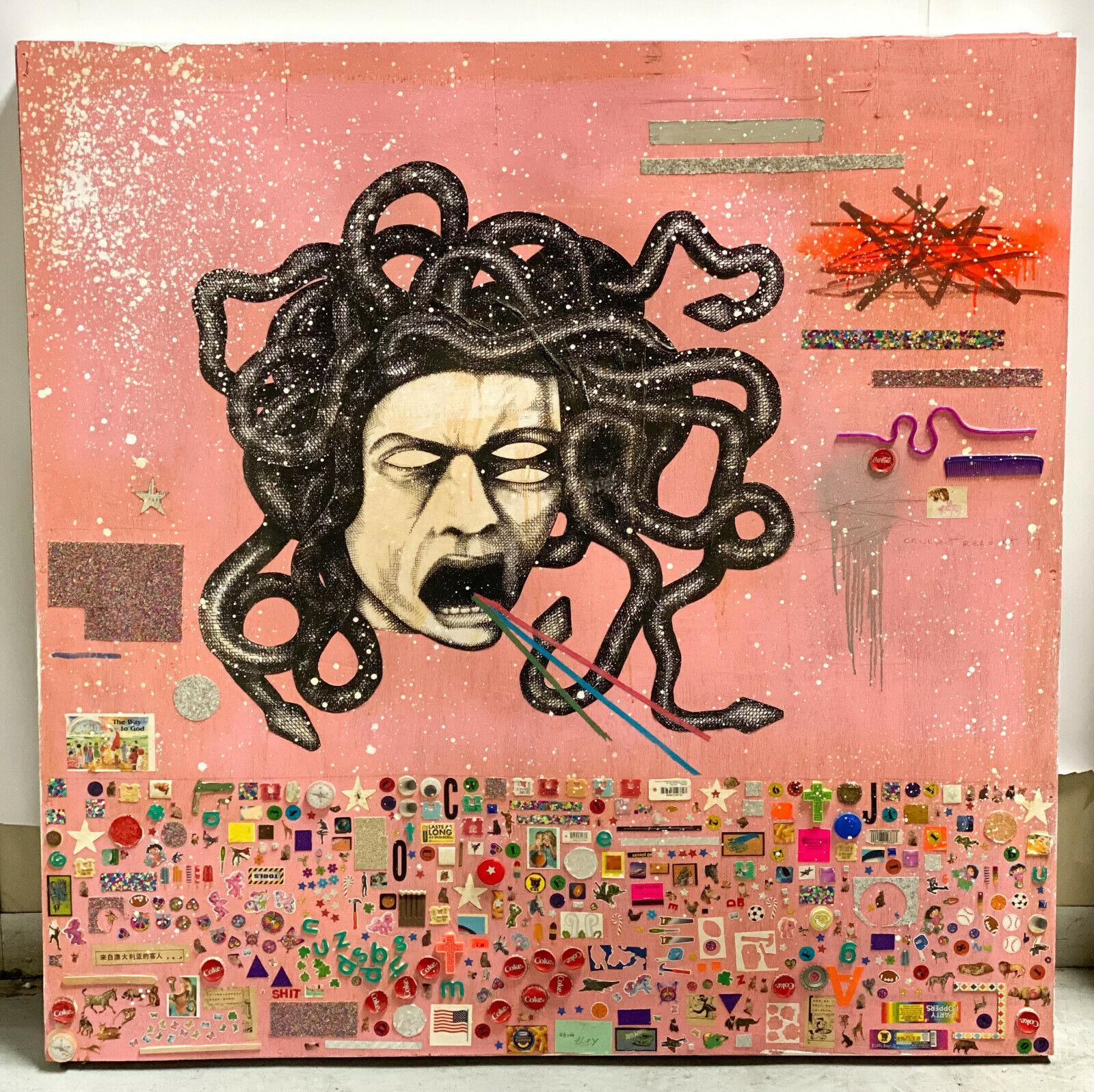 The Date Farmers Mixed Media Medusa Coca Cola, 2014

 The piece depicts a printed head of Medusa shooting lasers out of her mouth. Applied hair combs, straws, and coke bottle caps with various stickers throughout the top half and to the entire