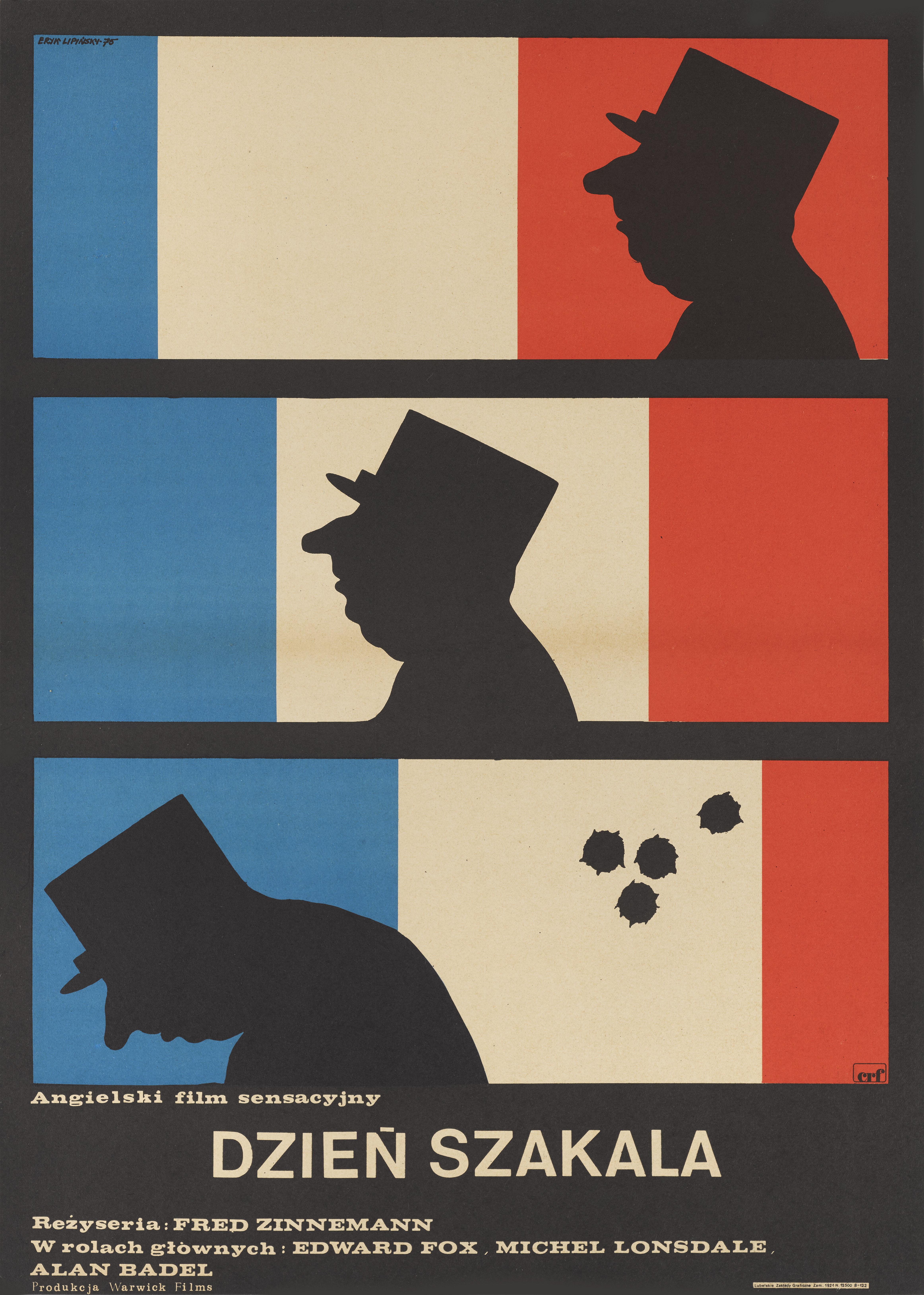 Affiche originale du film Le jour du chacal (1973).
Cette affiche conçue par Eryk Lipinksi (1908-1991) a été créée pour la première sortie polonaise du film en 1975.
Le dessin de cette affiche est de Lucjan Jagodzinski (1897-1971).
Cette affiche