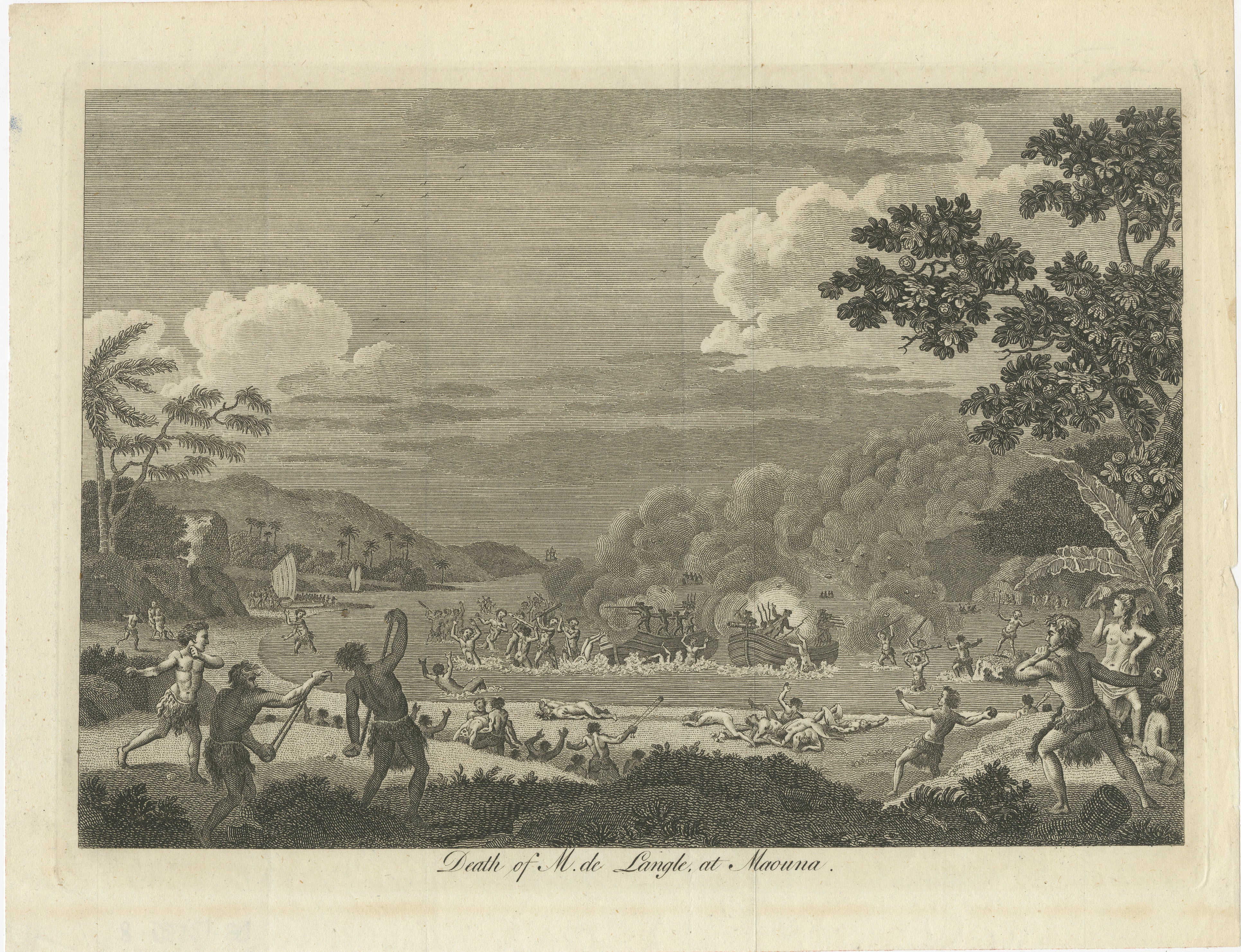 The engraving depicts a harrowing and chaotic scene from an 18th-century exploration, specifically the tragic event involving Commander Fleuriot de Langle and his men. The scene is set on the shores of an island identified as Maouna, and it captures