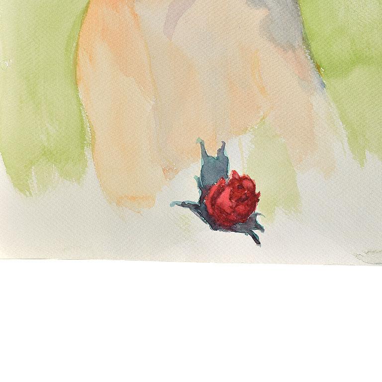 Un alto ritratto di donna nuda. La donna è al centro del dipinto su uno sfondo verde chiaro. I suoi capelli corti e scuri le incorniciano il viso e sono divisi da un lato. Indossa un labbro rosso e una rosa rossa decora la parte inferiore del pezzo,