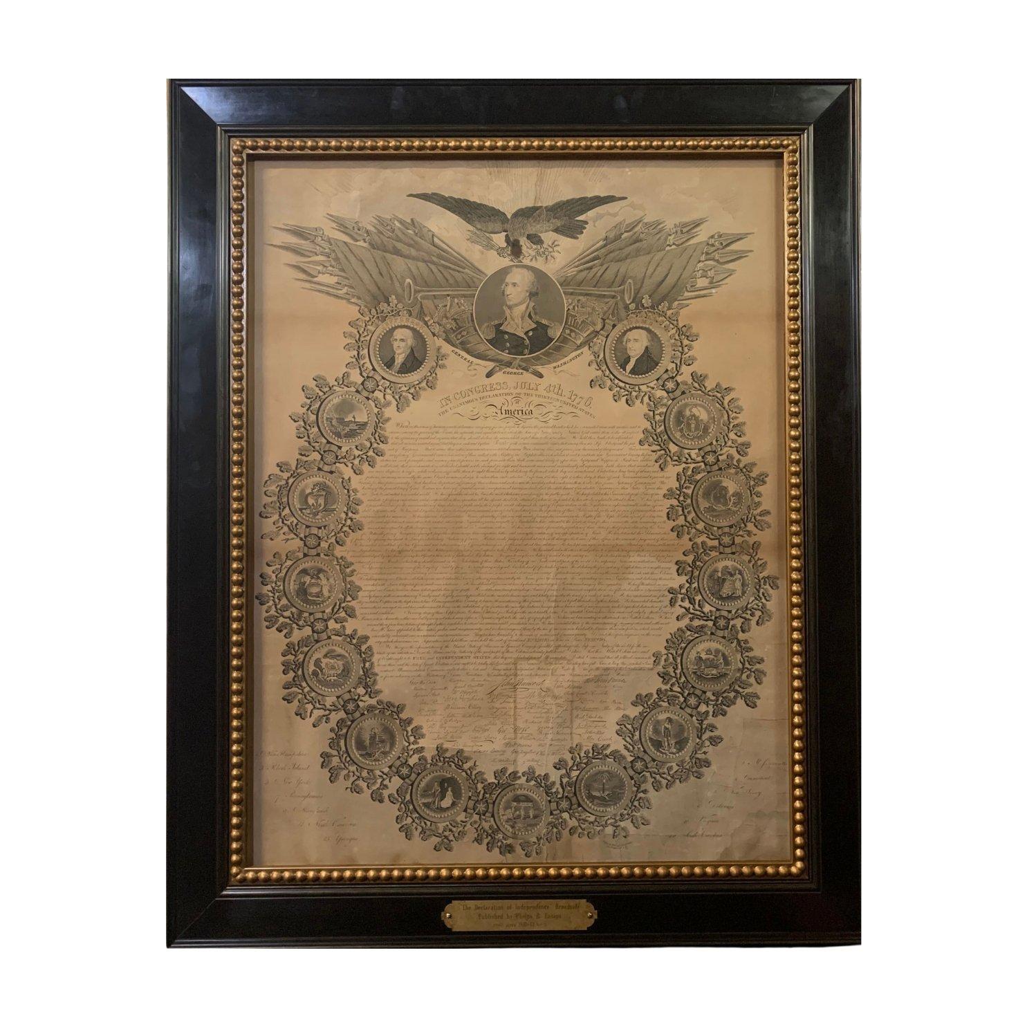 Presented is an ornamental engraved broadside of the Declaration of Independence. The print was designed by William Woodruff, engraved by Story & Atwood, and published by Phelps and Ensign in New York, in 1841-43. 

The composition is oval in shape,
