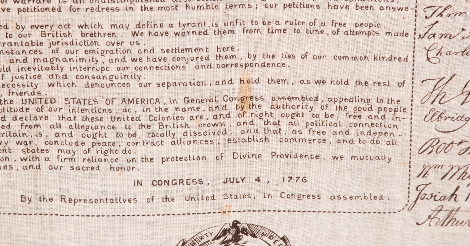 Américain La Déclaration de l'indépendance, imprimée sur coton, vers 1876 en vente