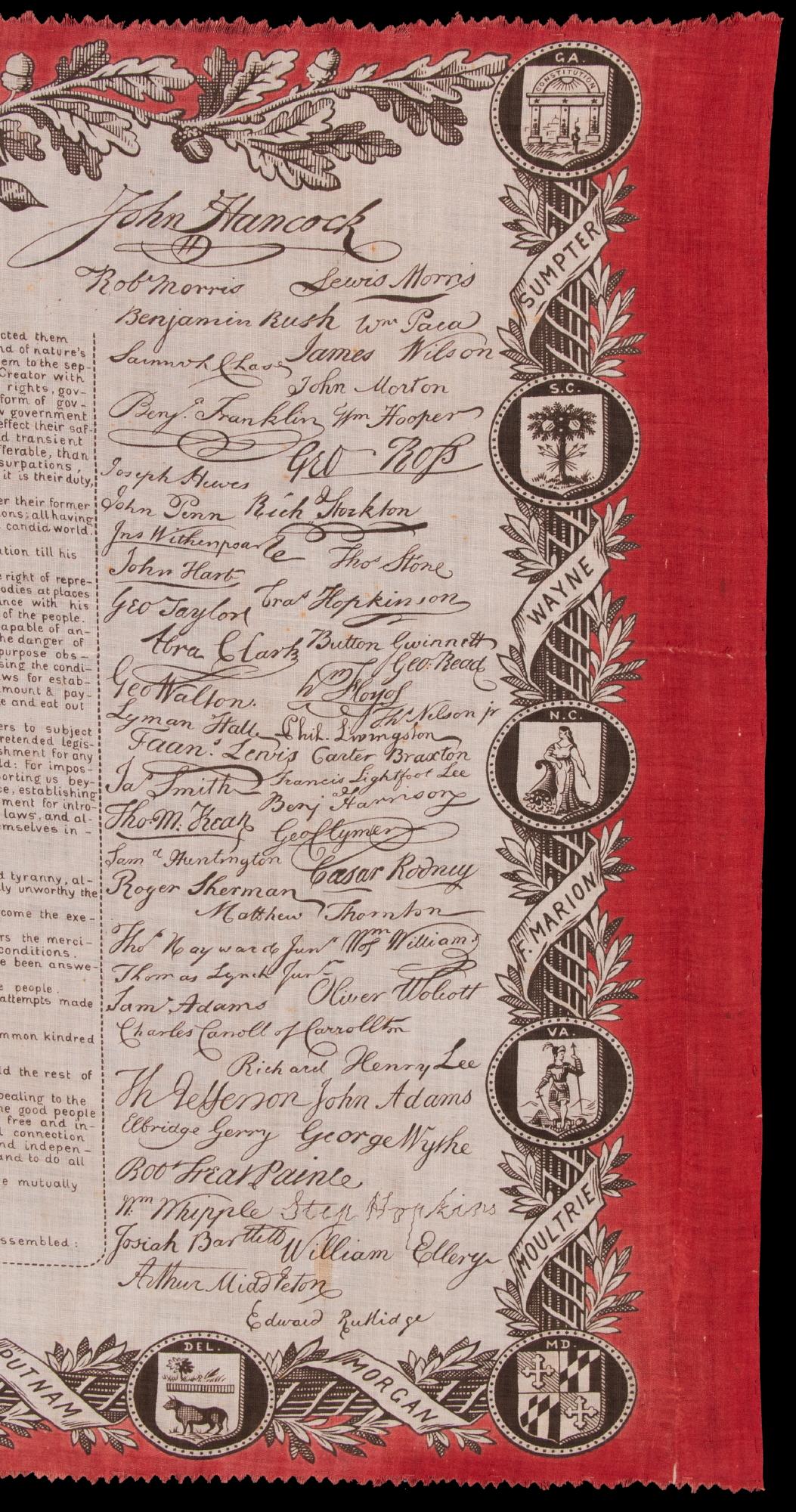 XIXe siècle La Déclaration de l'indépendance, imprimée sur coton, vers 1876 en vente