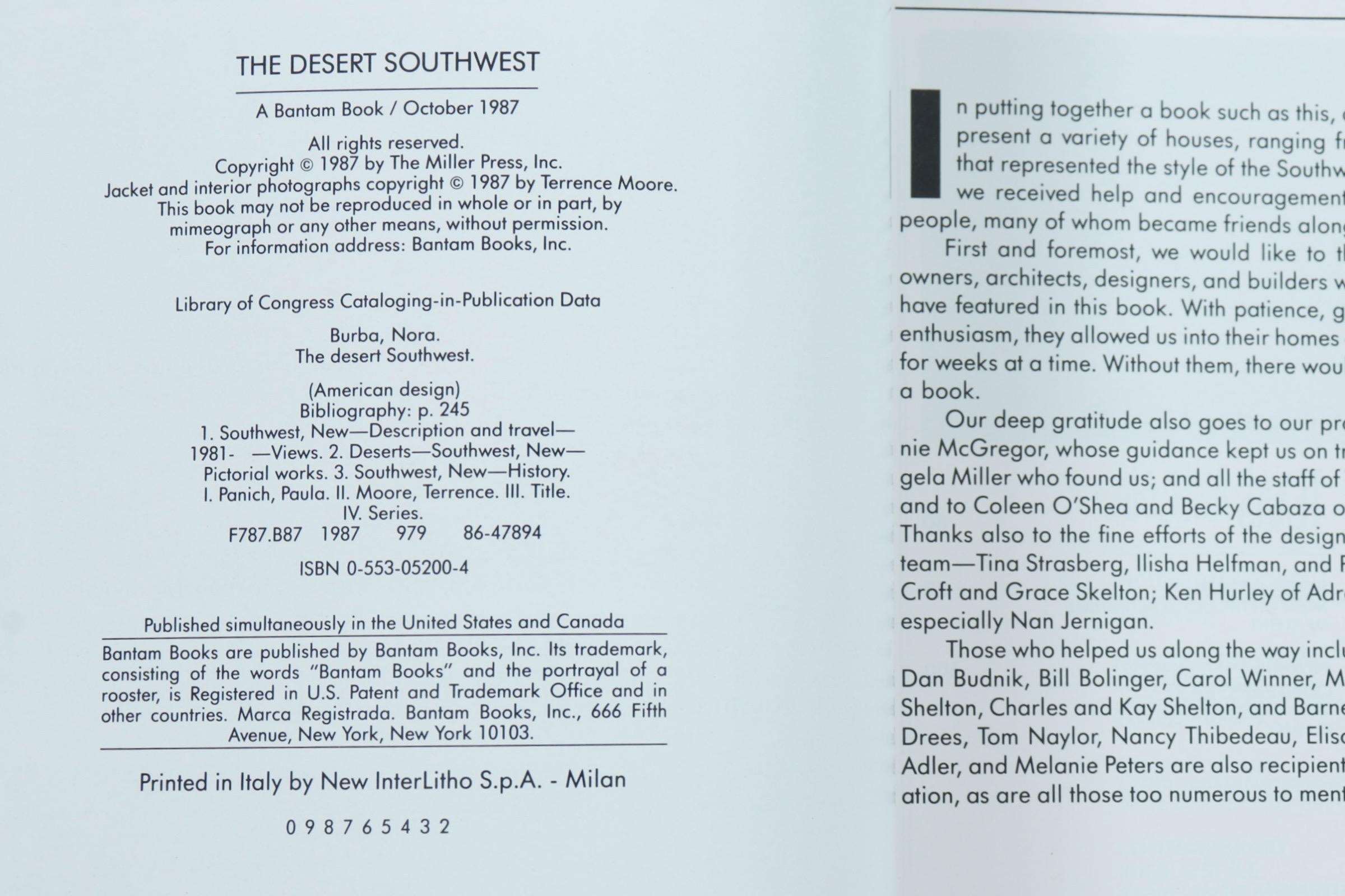 The Desert Southwest with text by Nora Burba and Paula Panich, photography by Terrence Moore. Hardcover with dustjacket, published in 1987 by Bantum Books of New York. Printed in Italy, more than 250 color photographs, 246 pages.
