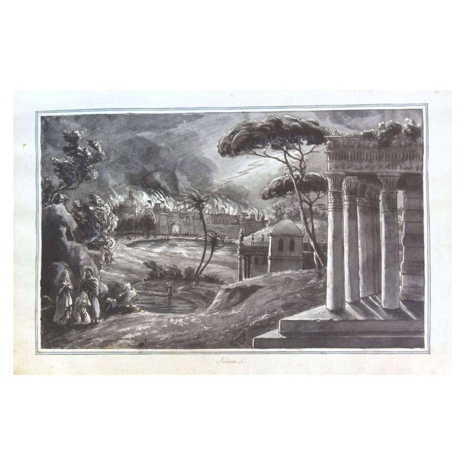 "The Destruction Of Sodom And Gomorrah" Drawing on 18th Century Paper