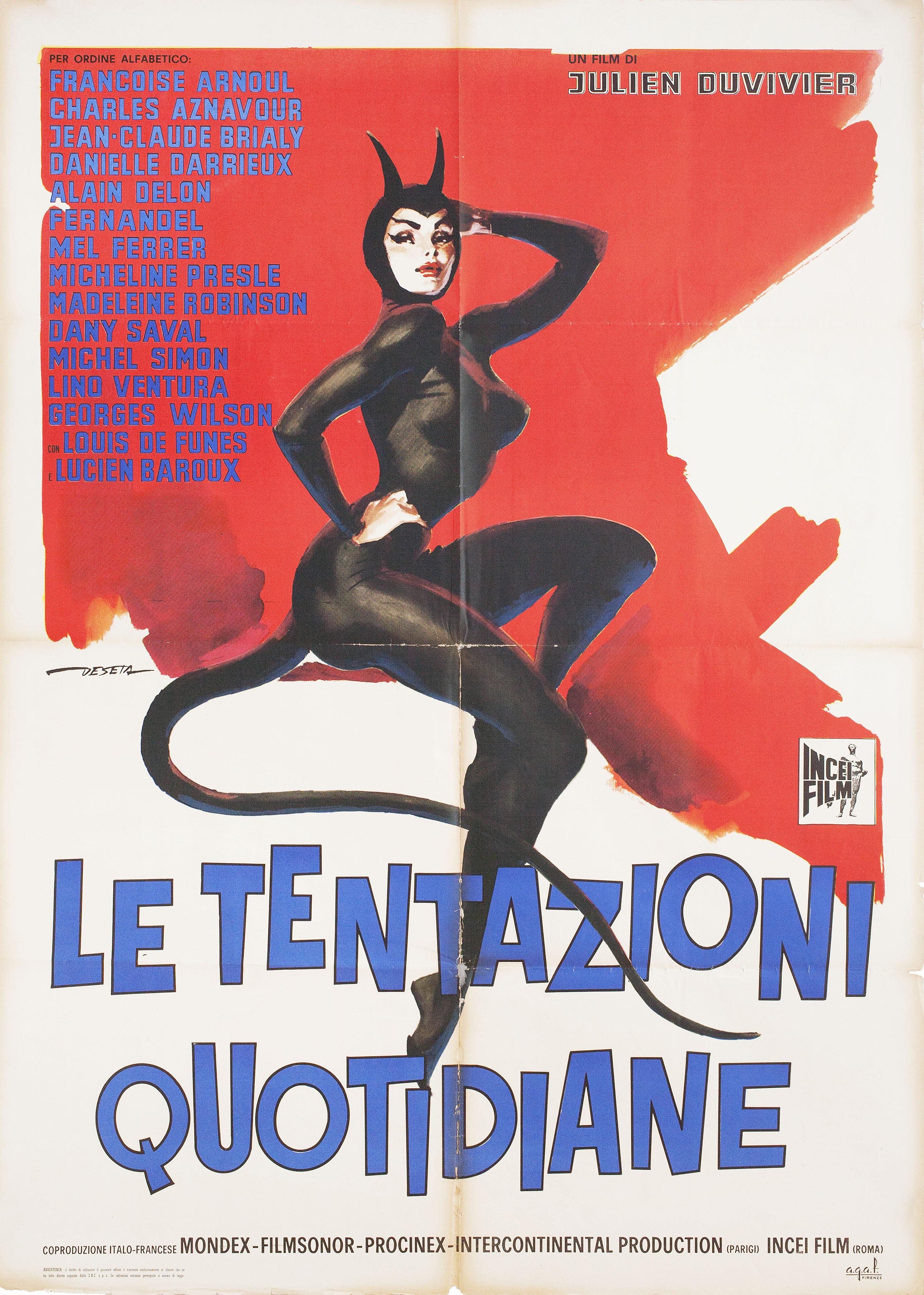 Original 1962 Italian due fogli poster by Enrico de Seta for the film The Devil and the Ten Commandments (Le Diable et les dix Commandements) directed by Julien Duvivier with Alain Delon / Danielle Darrieux / Fernandel / Michel Simon / Lucien Baroux