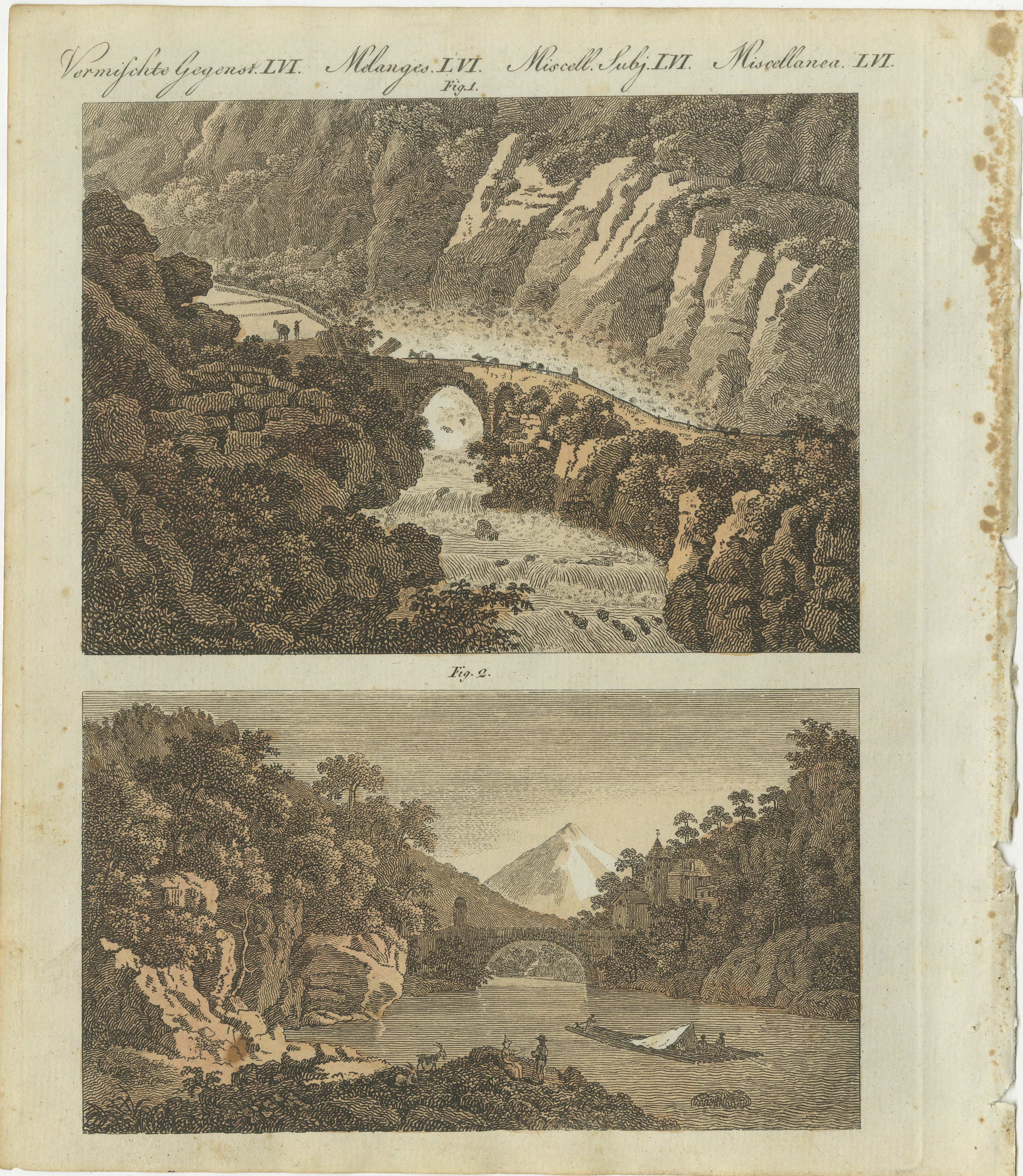Le pont du diable au col du Saint-Gothard et le pont du Rhône à Saint-Maurice datant du XIIe siècle : gravure en couleurs tirée du *Bilderbuch für Kinder* de Bertuch

Cette captivante gravure sur cuivre colorée à la main met en scène deux sites