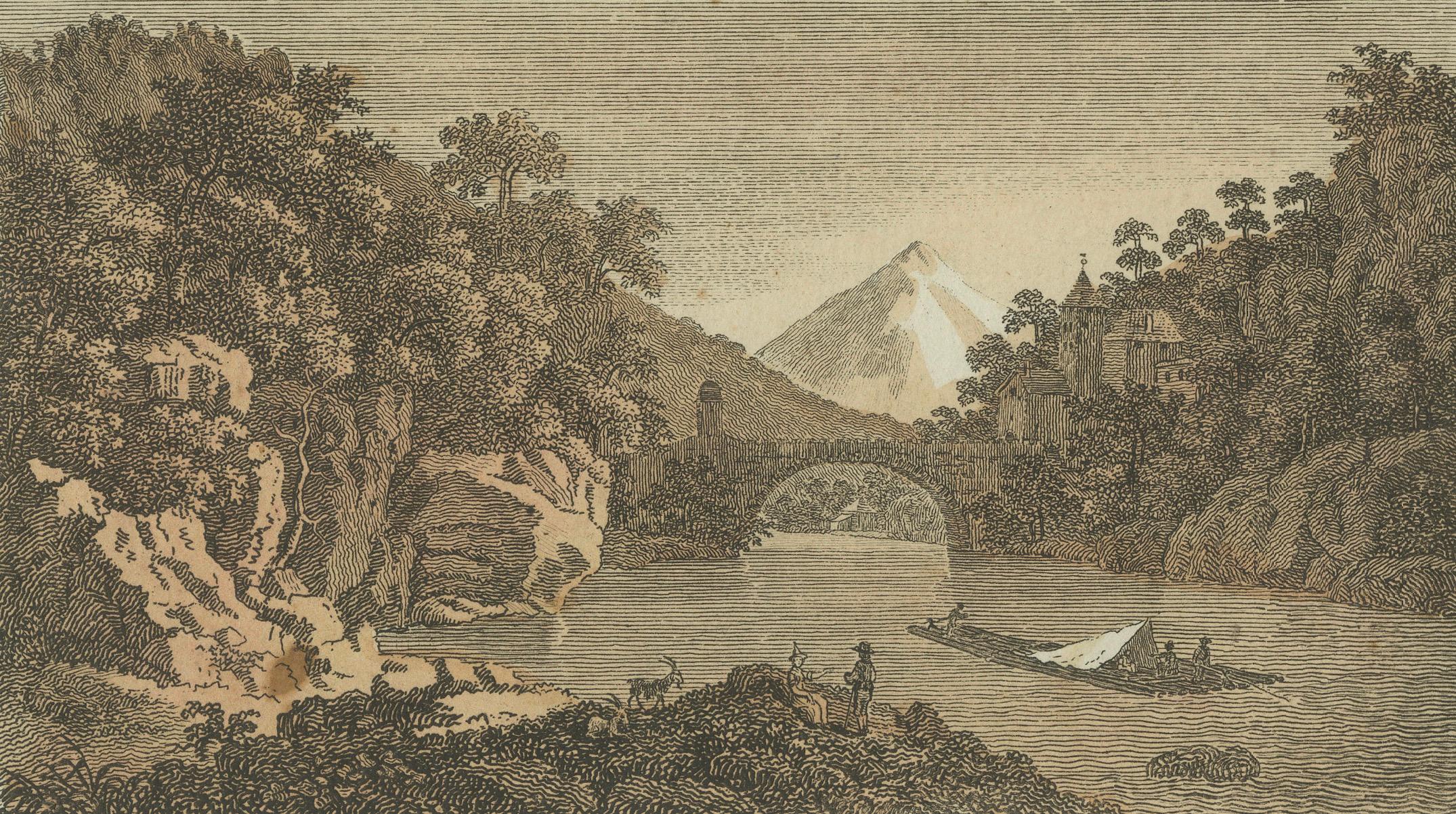 Gravé Le pont du diable au Gotthard Pass et le pont du Rhone du 12e siècle à St. Maurice en vente