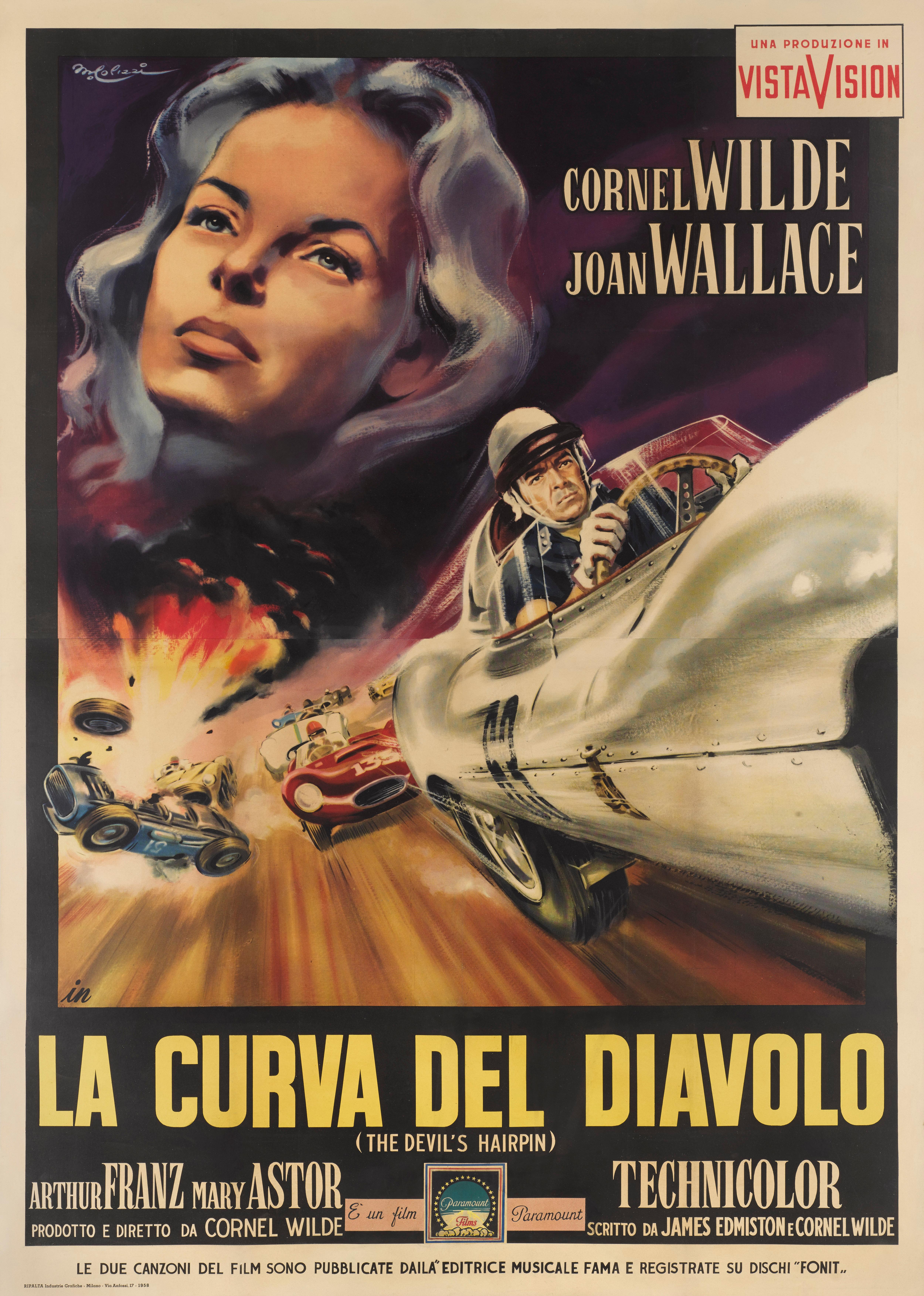 Original Italian film poster for the The Devil's Hairpin 1957.
This film was written, directed and stars Cornel Wilde. The film is about a retired racing driver who is tempted back into racing by a new champion racer.
