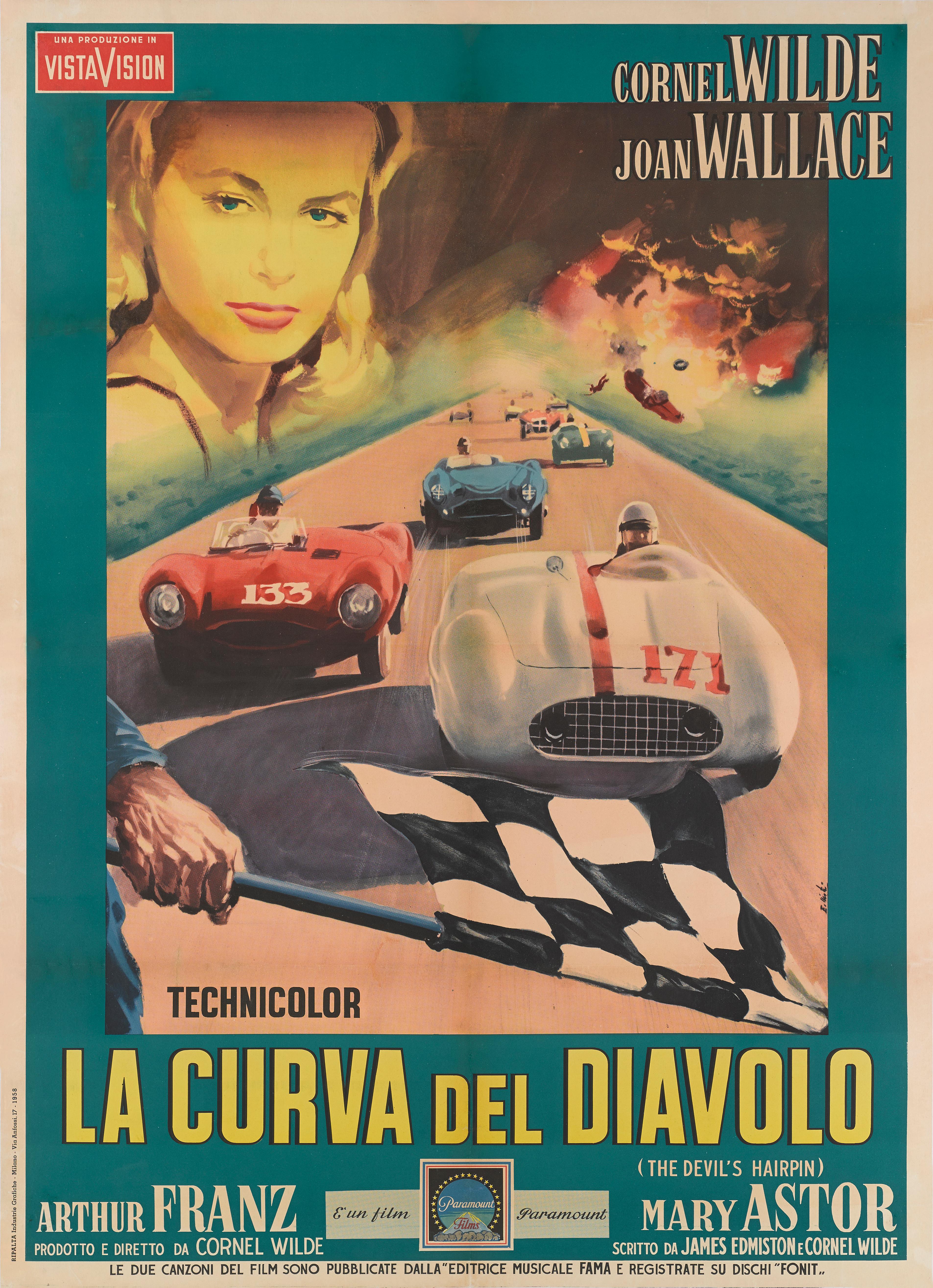 Locandina originale italiana del film sulle corse automobilistiche del 1957 diretto e interpretato da Cornell Wilde.
Questo poster è rivestito di lino e si trova in condizioni eccellenti: i colori sono molto brillanti e le pieghe sono state