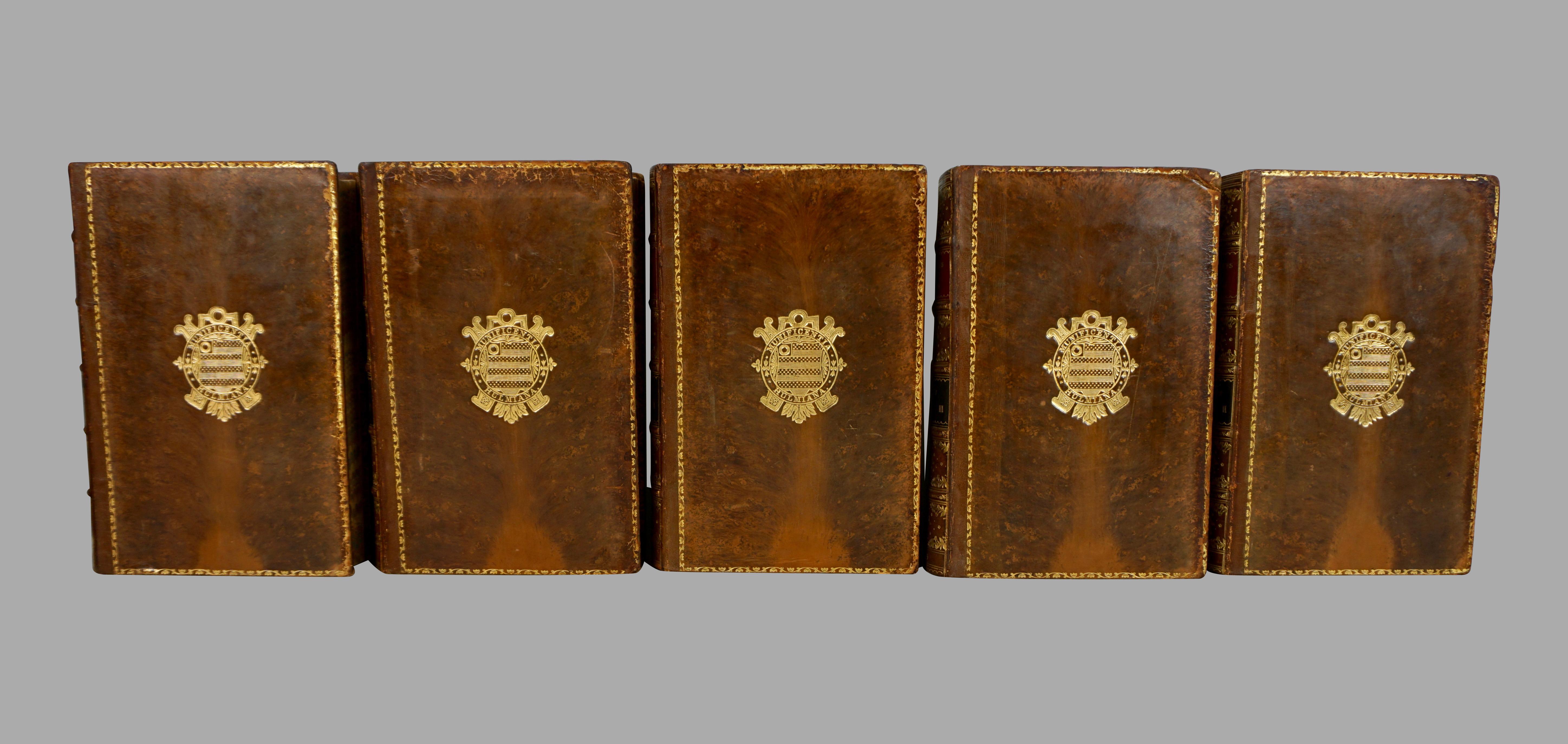The dialogues of Plato edited by B. Jowett, second edition, published Oxford by Macmillan and Company in 5 full tree calf leather bindings with gilt tooled decoration. This is a beautiful edition of a classic work in extraordinary full leather gilt
