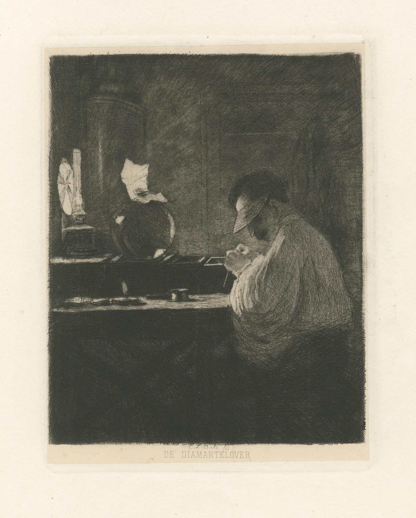The Diamond Cleaver, Amsterdam Diamond Industry – Etching by C.L. Dake, 1888
