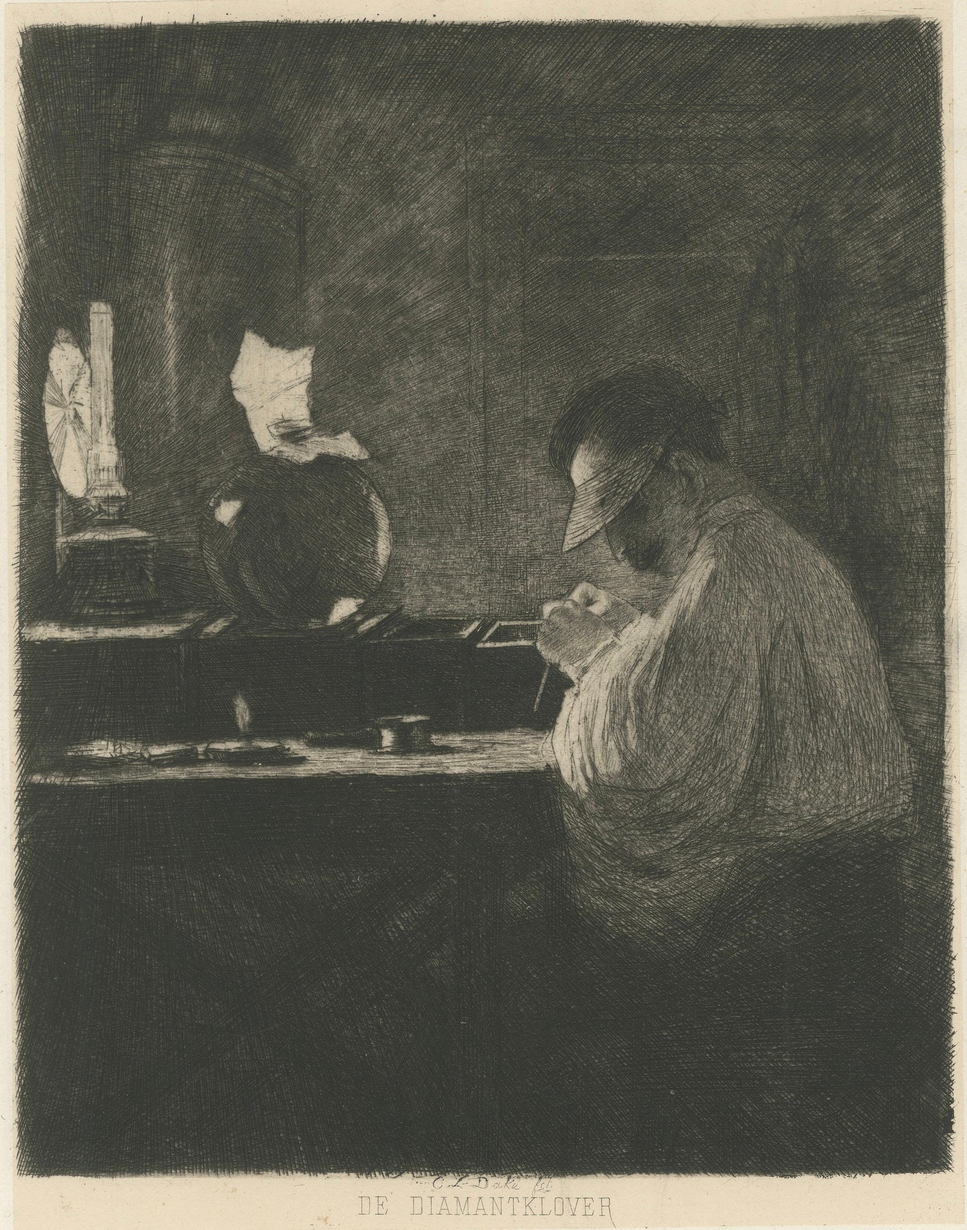 The Diamond Cleaver, Amsterdam Diamond Industry – Etching by C.L. Dake, 1888