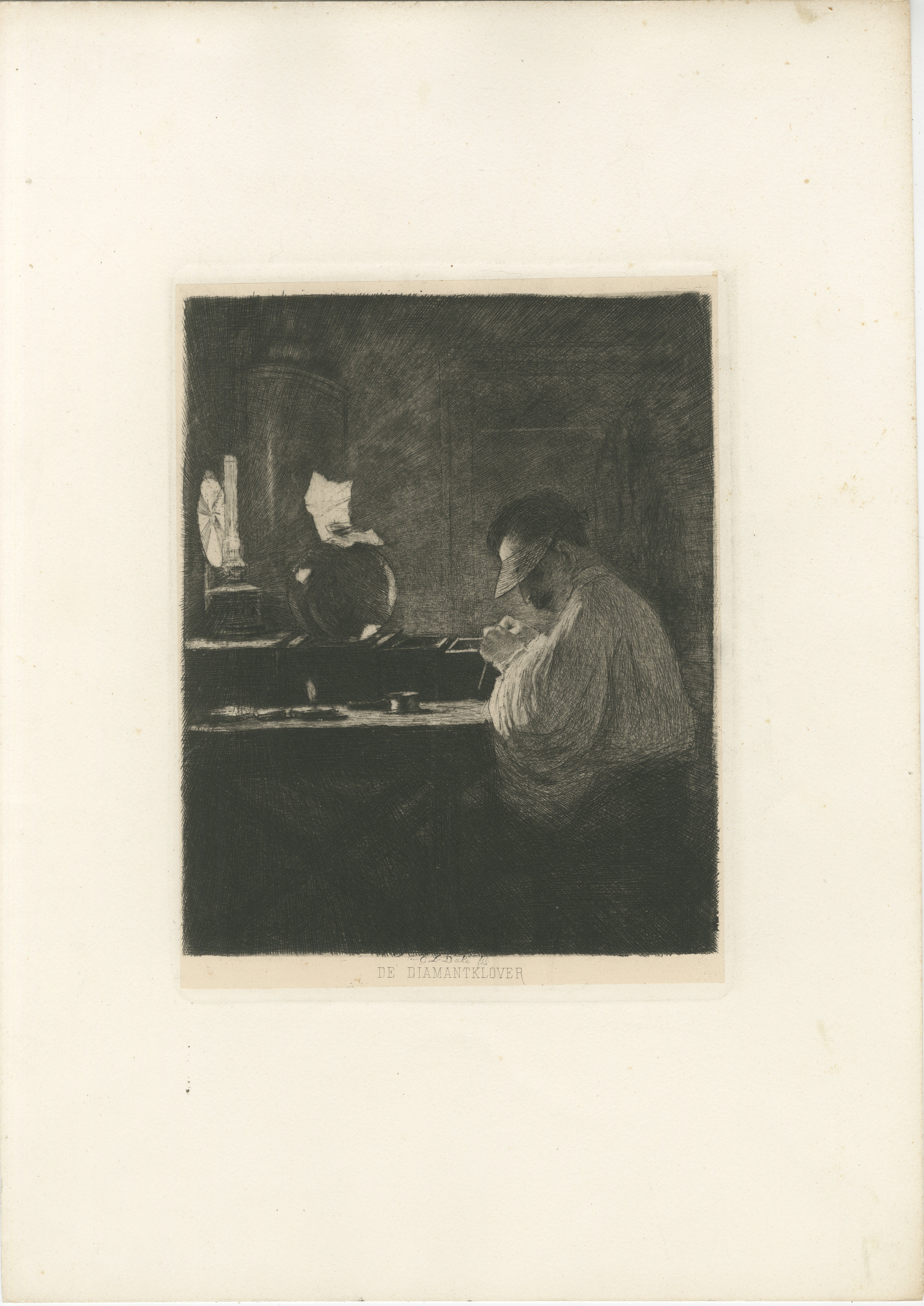 The Diamond Cleaver, Amsterdam Diamond Industry – Etching by C.L. Dake, 1888