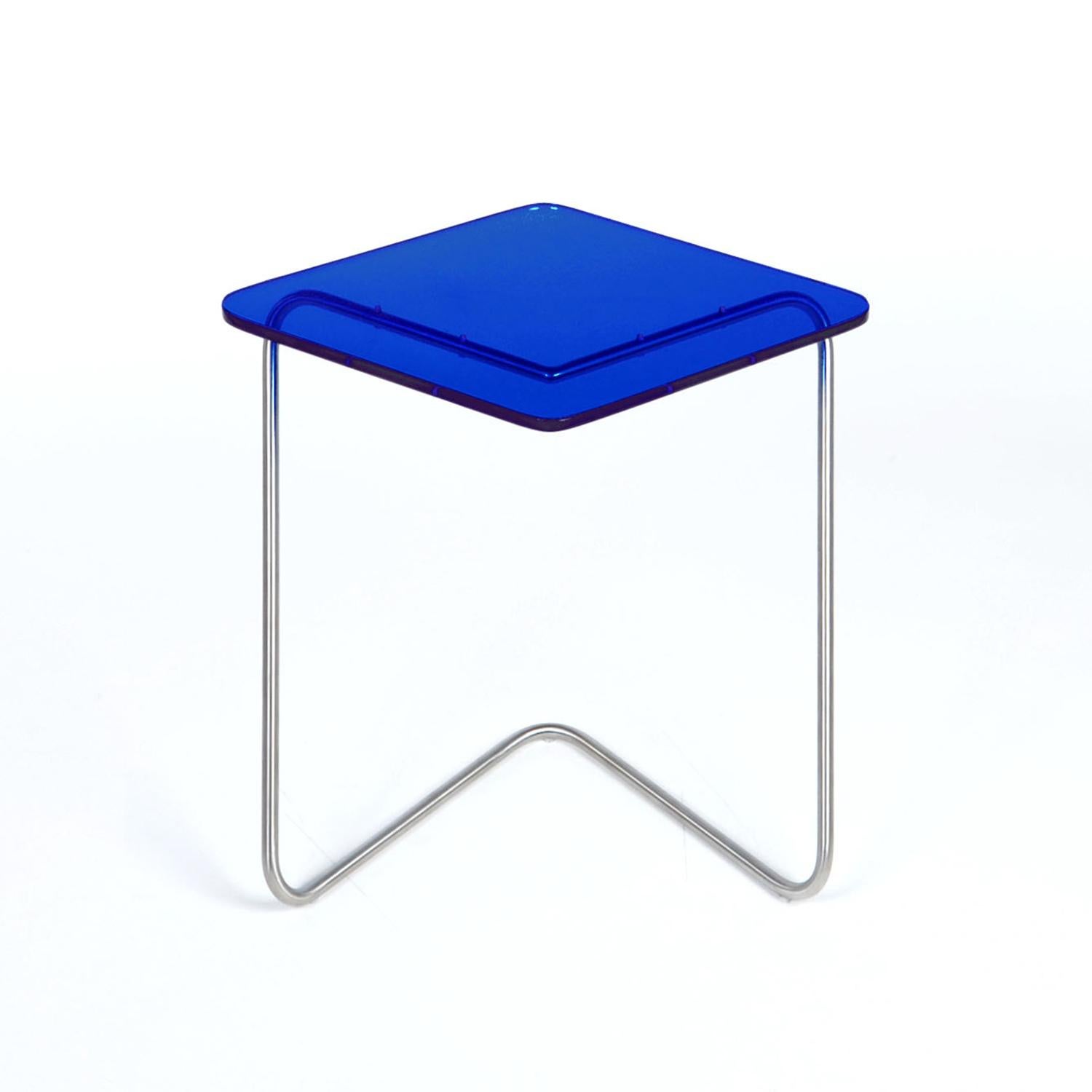 The Diamond side table by Rita Kettaneh 
Dimensions: The base: brushed stainless steel 
 optionally plated with copper or brass
 The top: acrylic
Materials: H 42 x W 45 x D 34.5 cm
Weight: 2.65 Kg

Colors and Finishes: 
Stainless finish: