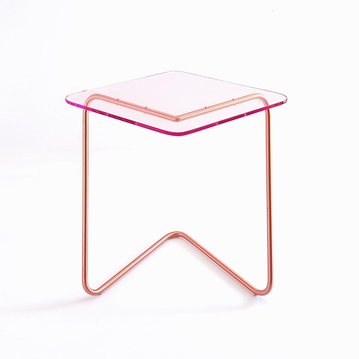 The Diamond side table by Rita Kettaneh 
Dimensions: The base: brushed stainless steel plated with copper
 optionally plated with copper or brass
 The top: acrylic
Materials: H 42 x W 45 x D 34.5 cm
Weight: 2.65 Kg

Colors and finishes: