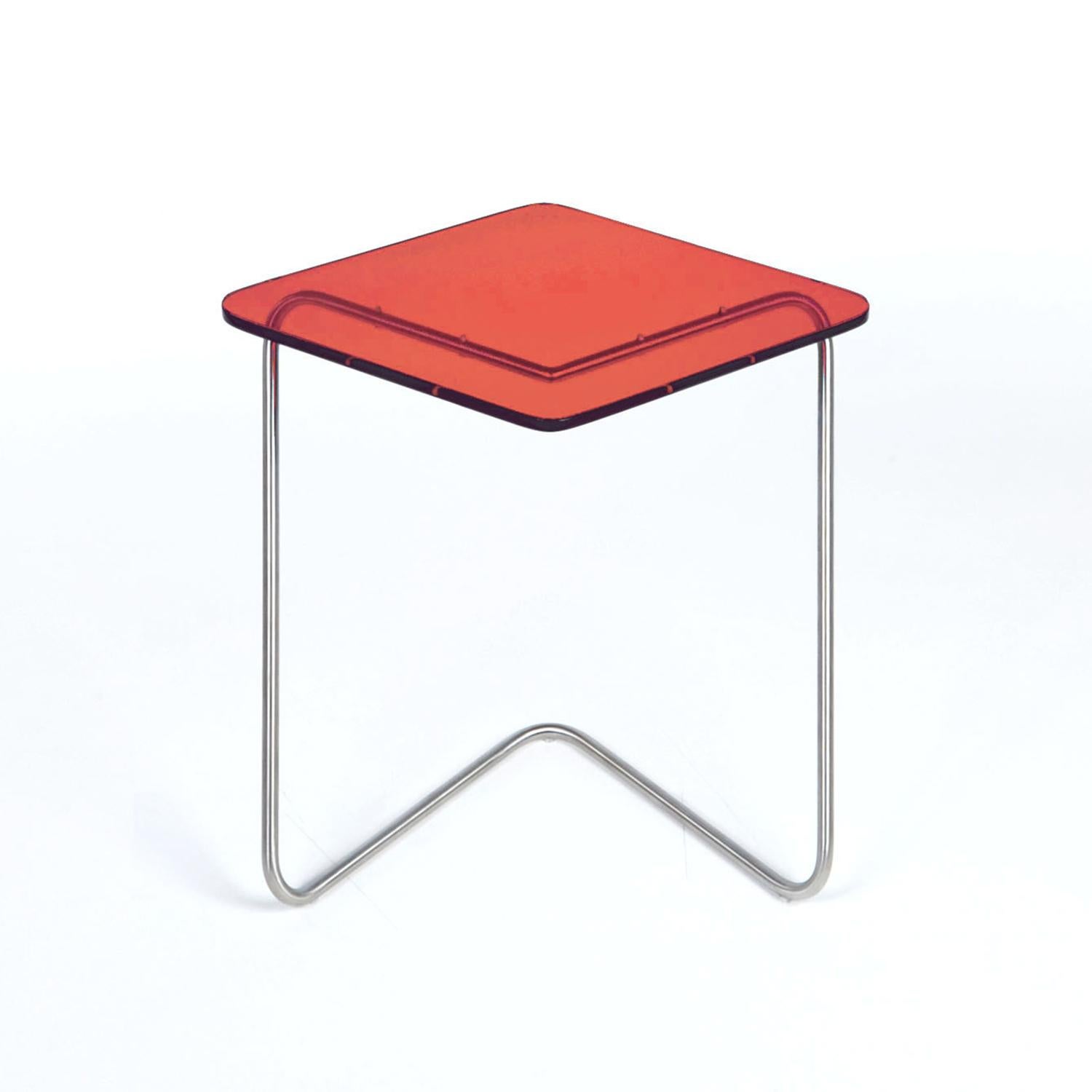 The Diamond side table by Rita Kettaneh 
Dimensions: The base: brushed stainless steel 
 optionally plated with copper or brass
 The top: acrylic
Materials: H 42 x W 45 x D 34.5 cm
Weight: 2.65 Kg

Colors and finishes:
Stainless finish: