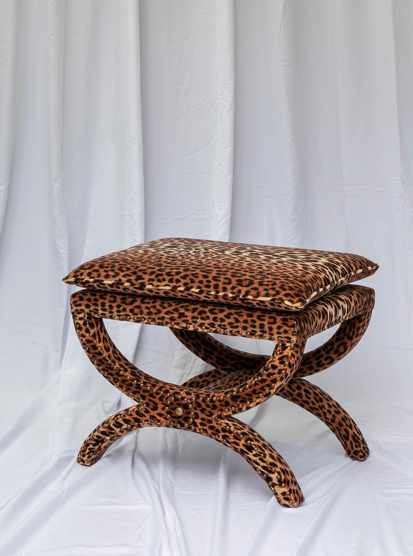 Greco Roman The Diphros & Sella Curulis inspired Carla Stool, upholstered in leopard velvet For Sale