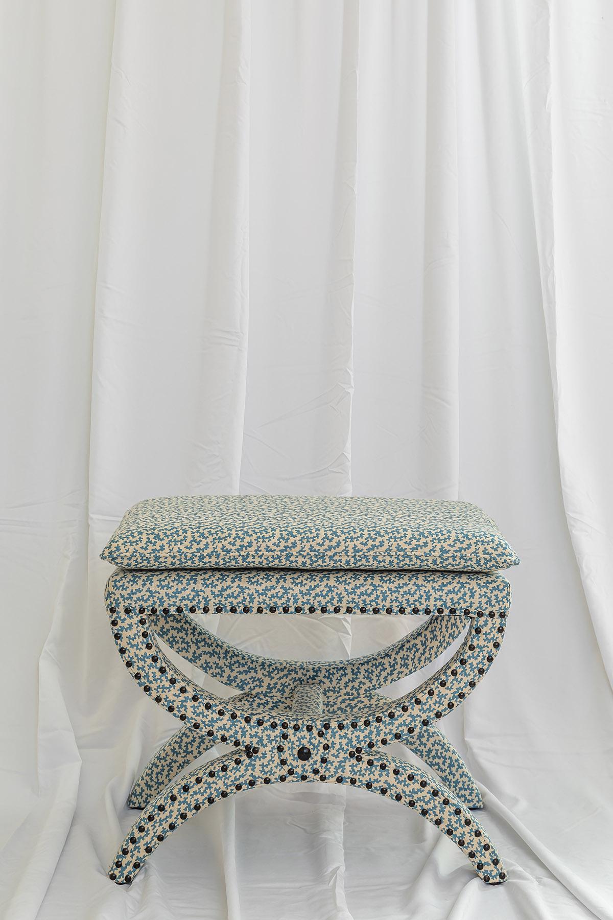 Greco Roman The Diphros & Sella Curulis inspired Carla Stool, upholstered in Seaweed Aqua For Sale
