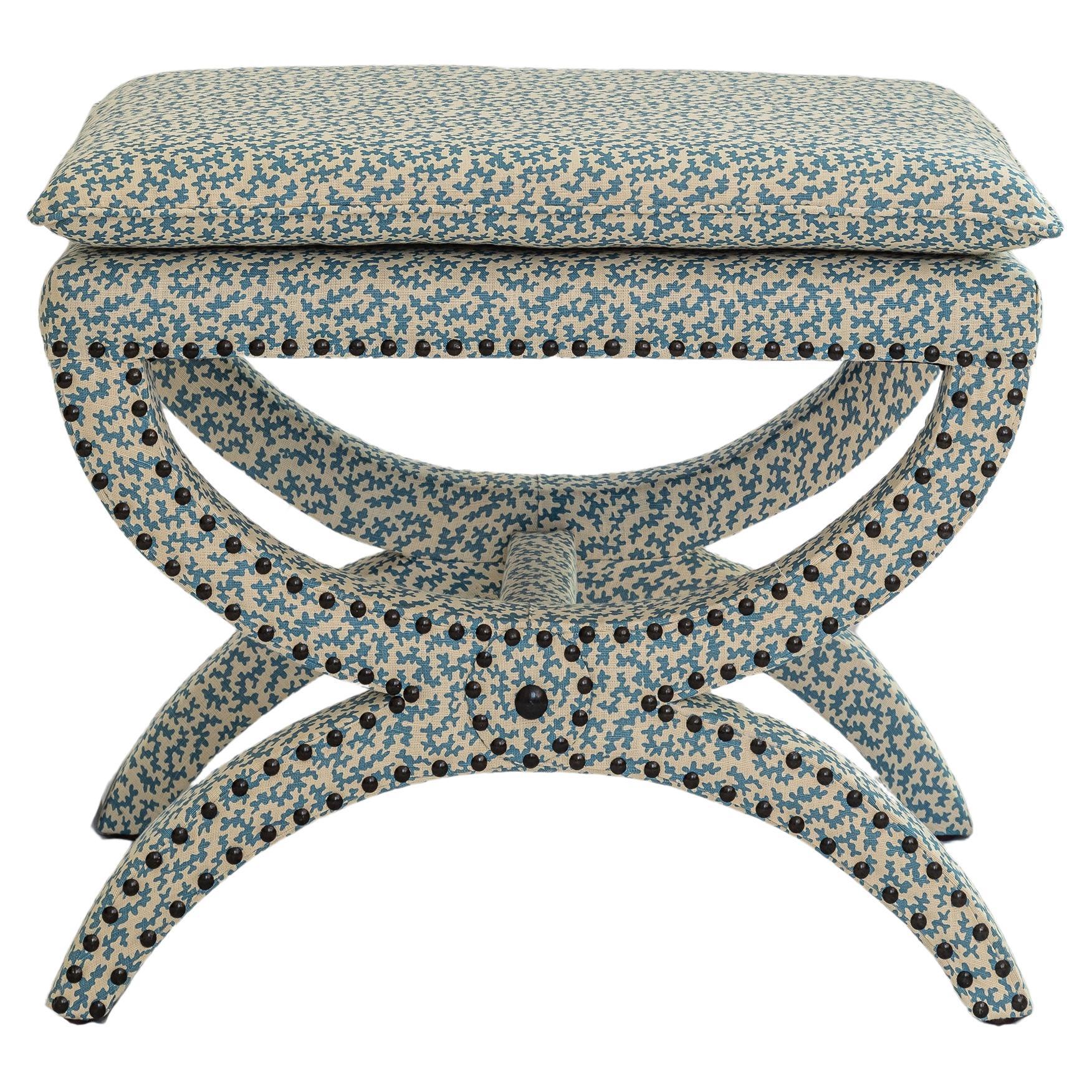 The Diphros & Sella Curulis inspired Carla Stool, upholstered in Seaweed Aqua For Sale