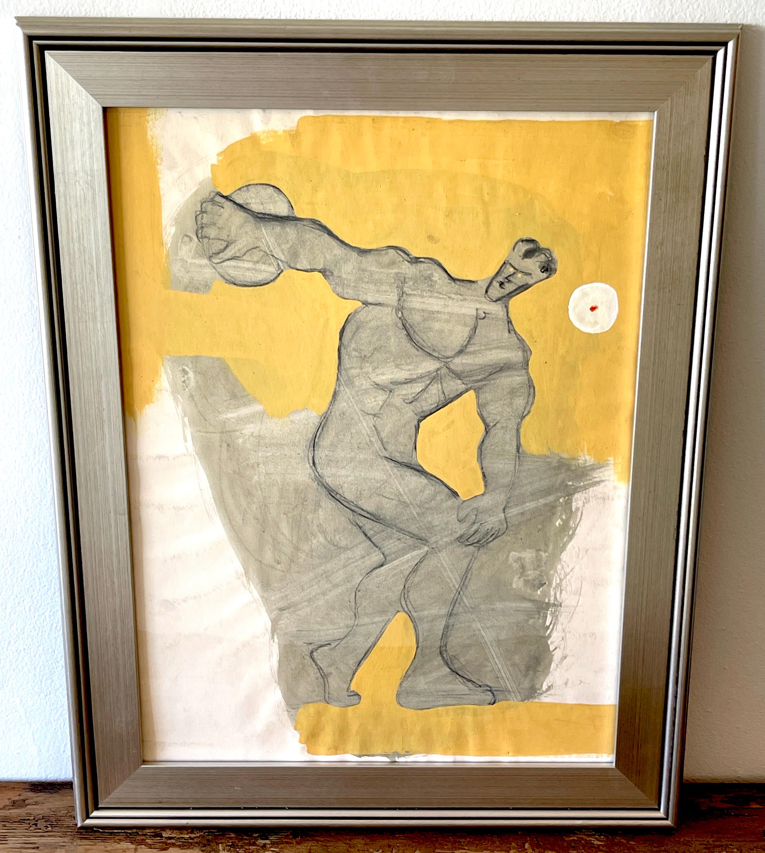 'The Discobolus' or 'Discus Thrower' Oil/Mixed Media on Paper, 1960s by Douglas D. Peden 
USA, 1933-2015, Listed Modern Painter, Mathematician & Scholar
Oil/mixed media on paper 
Signed in pencil on back 'Douglas Peden' 
This work measures