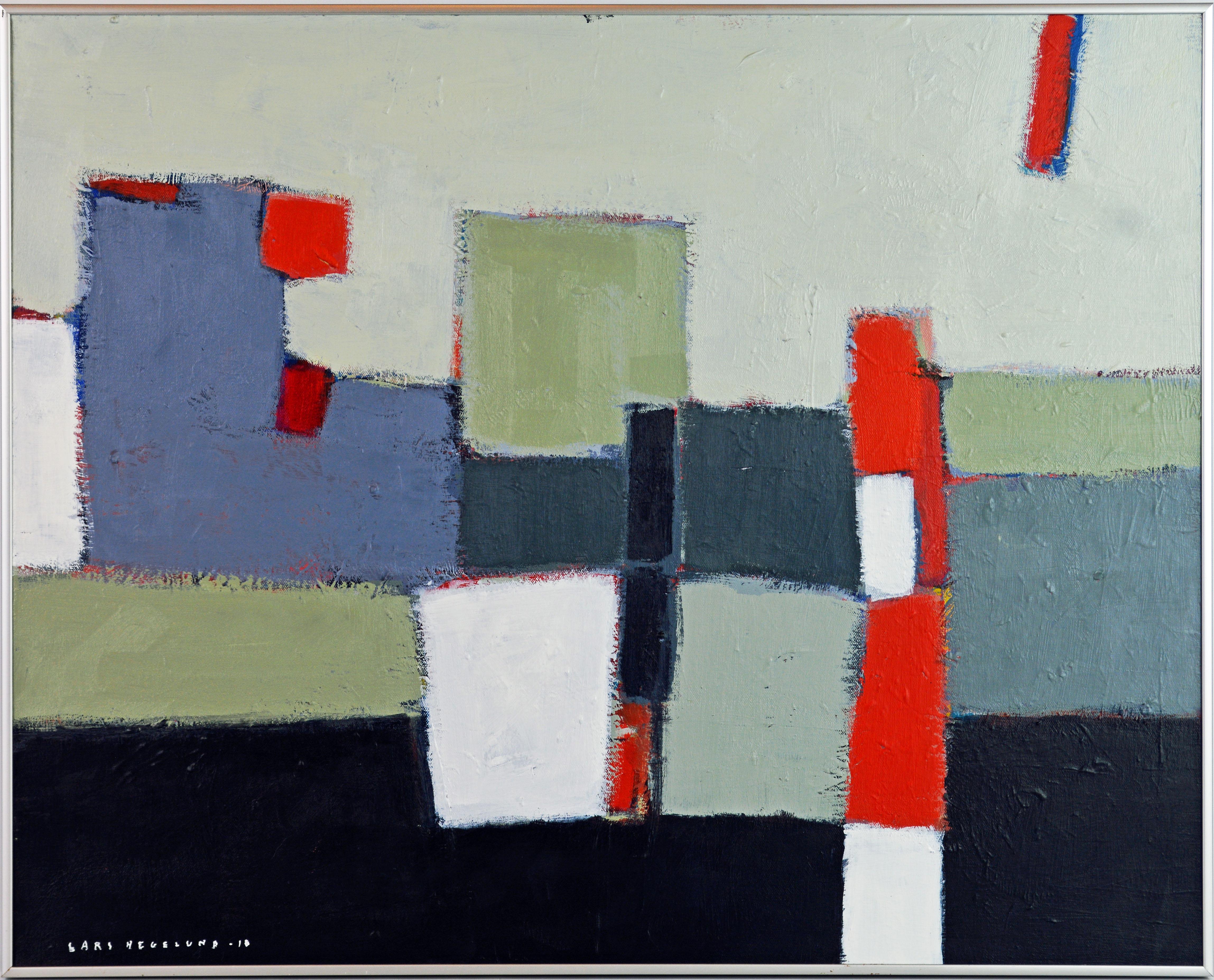 'The Docks'
by Lars Hegelund, American, b. 1947.
Measures: 24 x 30 in. without frame, 25 x 31 in. including frame,
Acrylic on canvas, signed and dated.
Housed in a Minimalist style brushed aluminium frame.

About Lars Hegelund:
Lars Hegelund