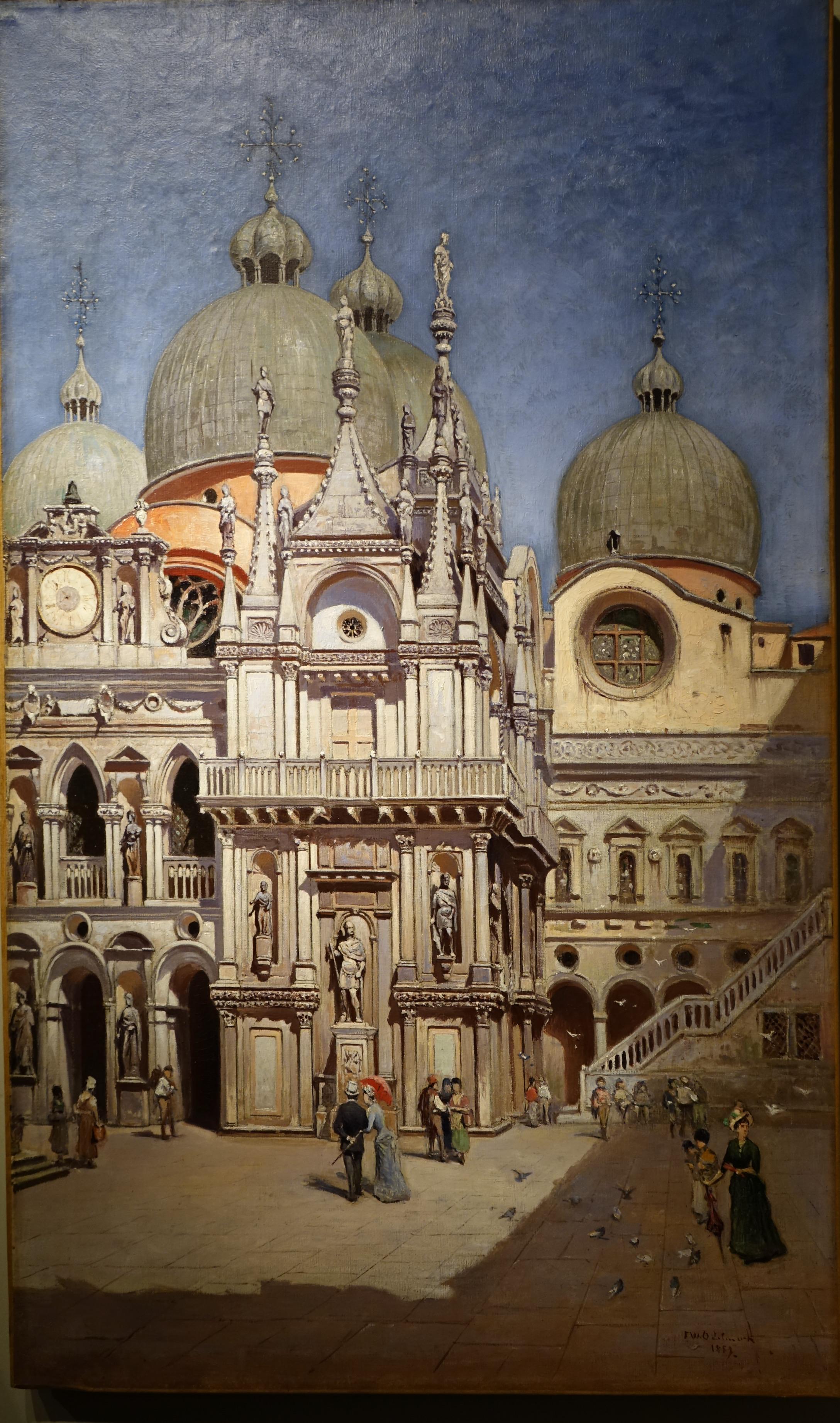 Öl auf Leinwand mit einer Darstellung des Innenhofs des Dogenpalastes in Venedig aus dem Jahr 1889.
Schwedische Schule, trägt die Unterschrift von Frans Wilhelm ODELMARK und das Datum 1889.
Er studierte an der Königlichen Akademie der Künste in