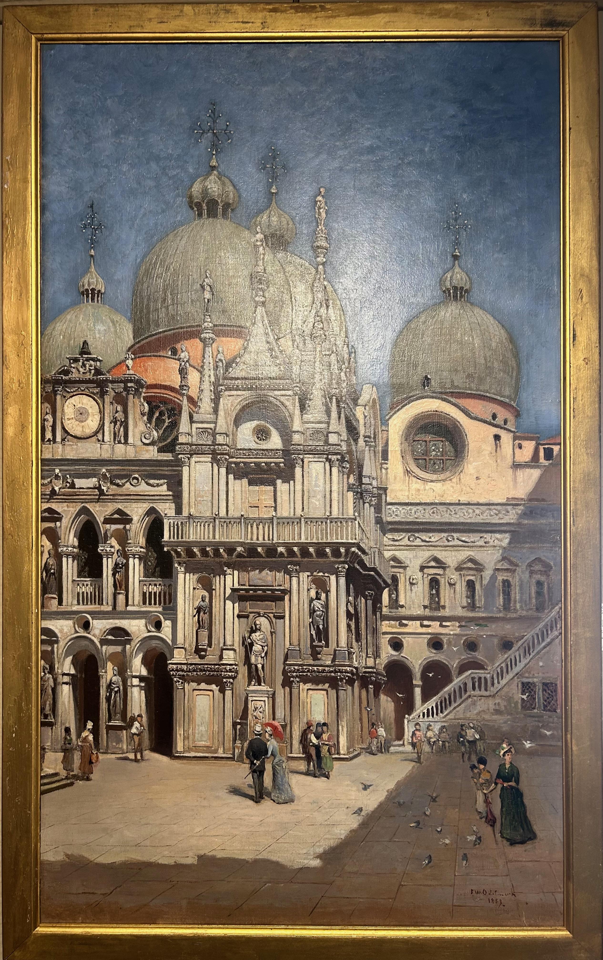 Olio su tela che rappresenta il cortile interno di Palazzo Ducale a Venezia, nel 1889.
Scuola svedese, reca la firma di Frans Wilhelm ODELMARK e la data 1889.
Ha studiato alla Royal Academy of Arts di Stoccolma e successivamente a Düsseldorf e a