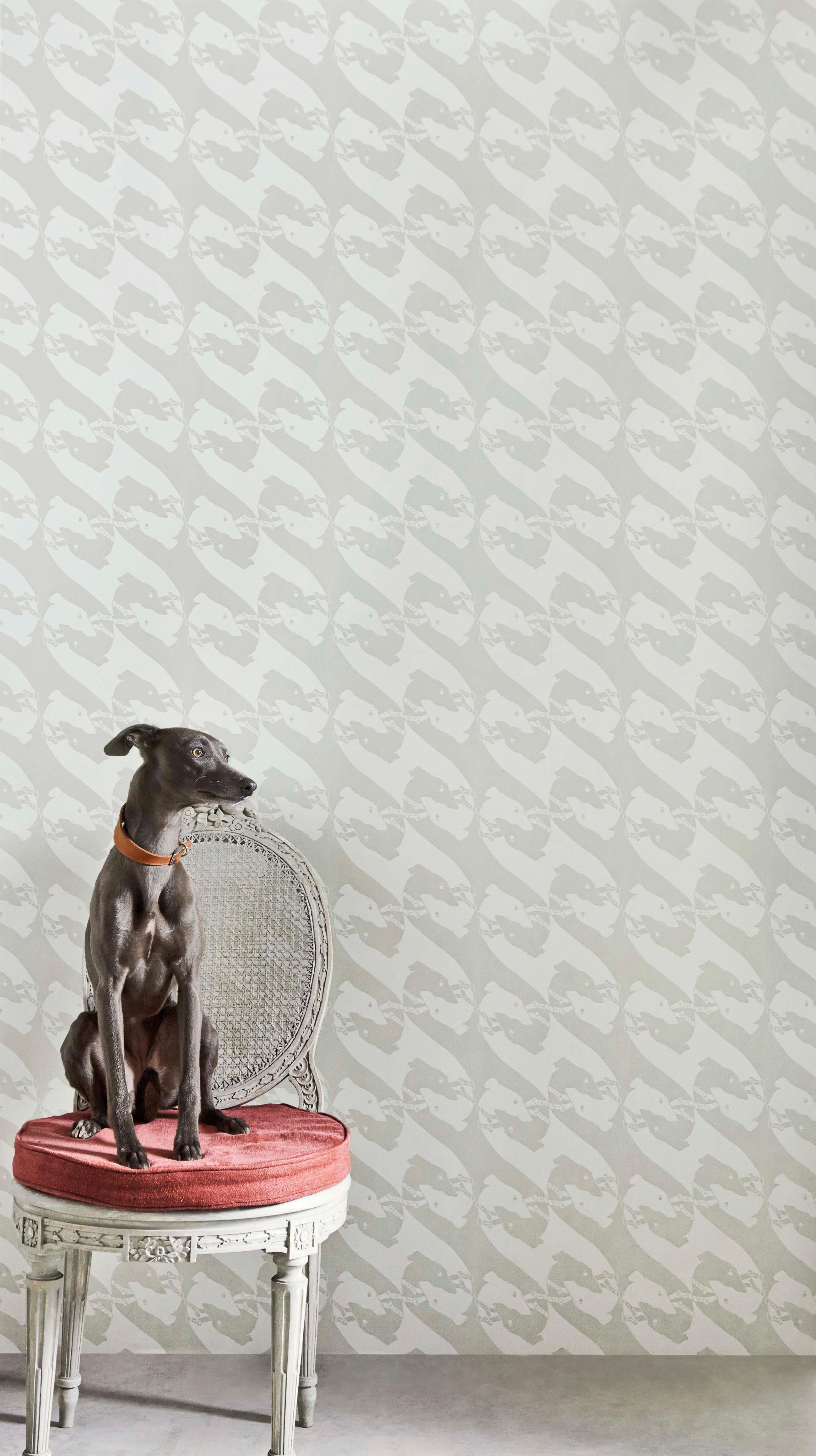 Paper 'The Dogs' Contemporary, Traditional Wallpaper in Charcoal For Sale